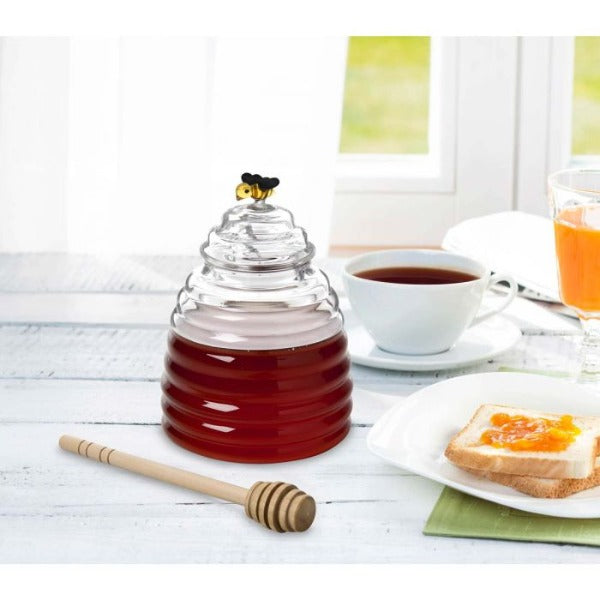 Premium Glass Honey Jar with Wooden Dipper - Airtight & Drip-Free - Perfect for Raw Honey, Tea, Coffee & Kitchen Storage