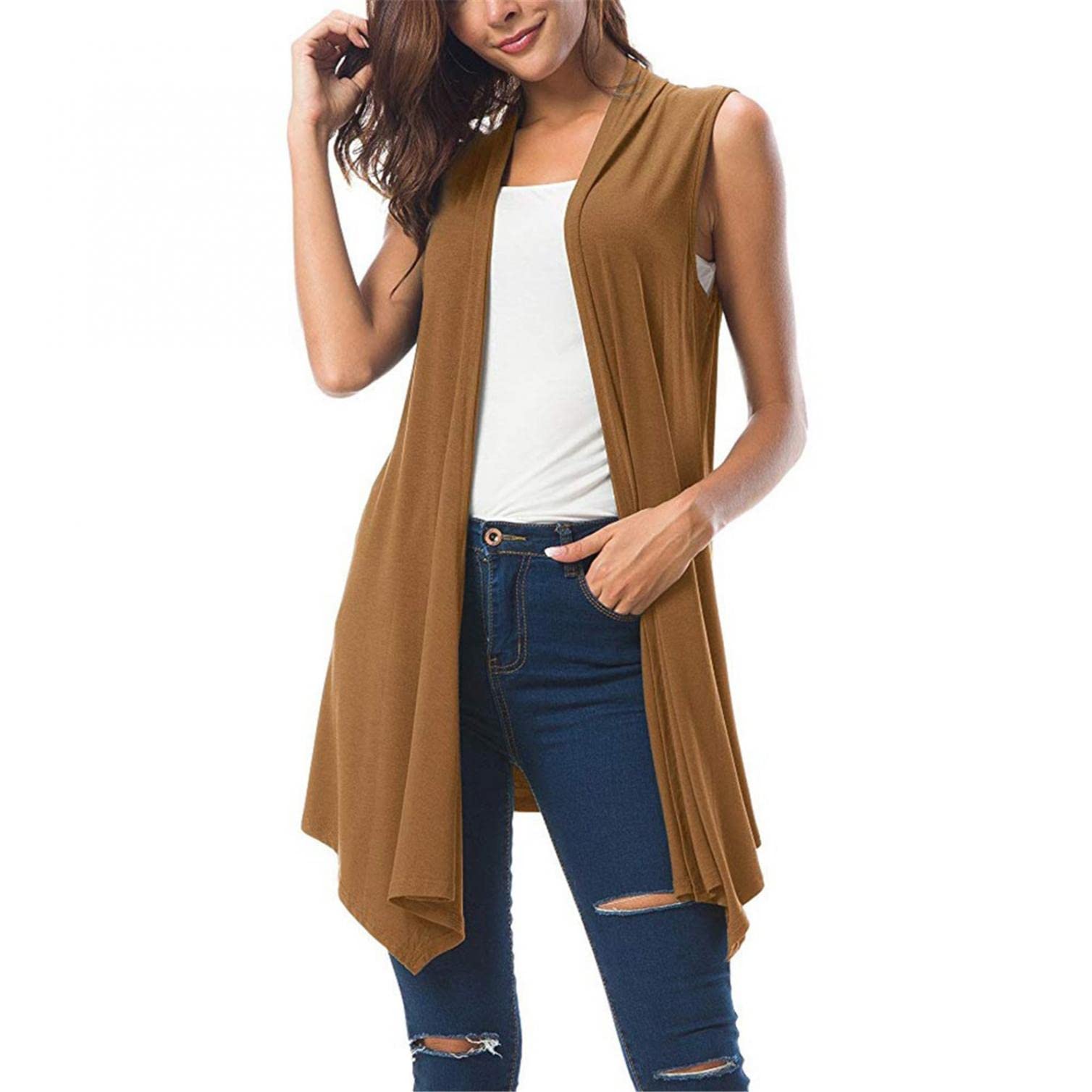 Women's Sleeveless Asymmetric Hem Draped Open Front Cardigan - Lightweight Summer Cover Up for Beach, Office & Evening Outfits