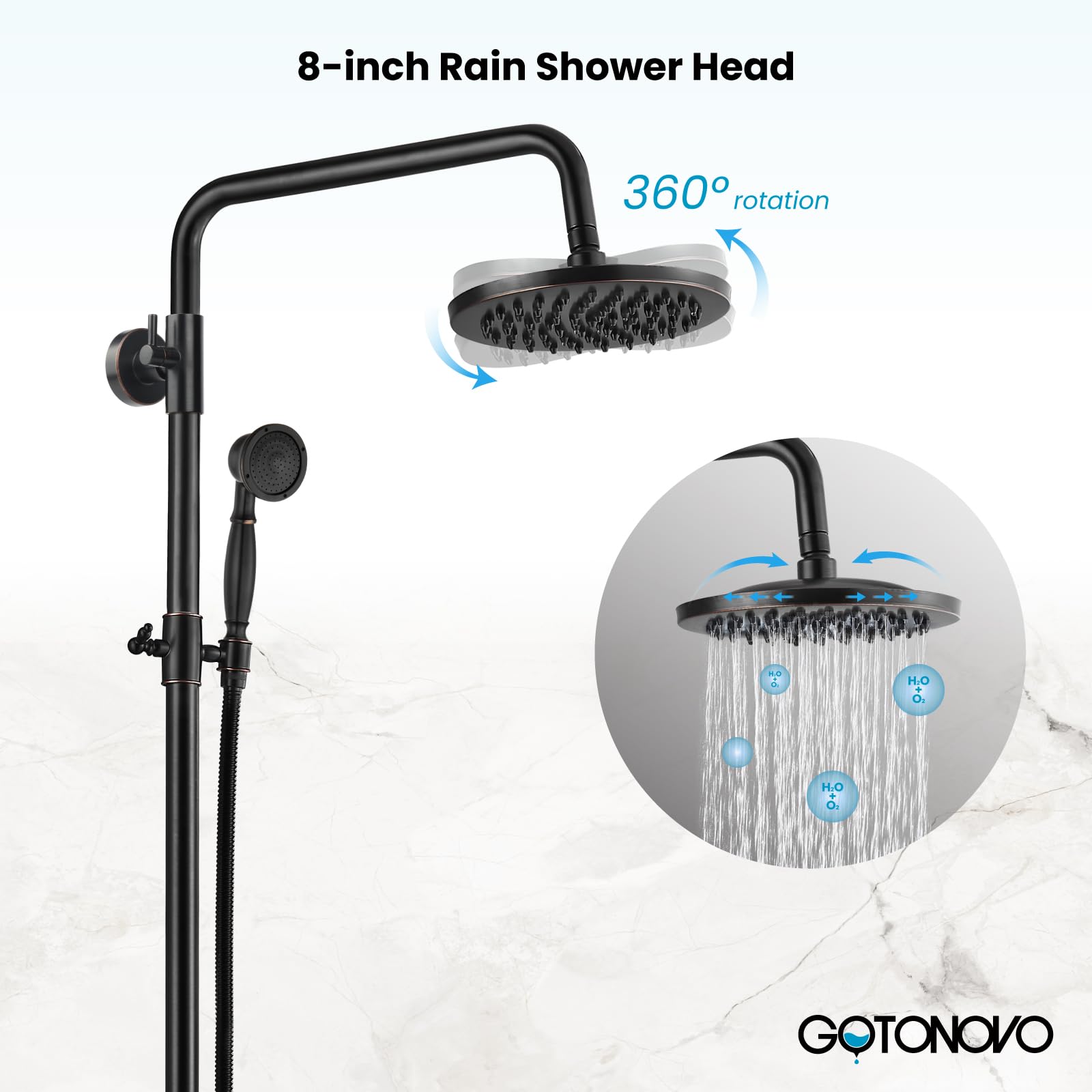 Gotonovo 8-Inch Wall Mounted Outdoor Shower System - Oil Rubbed Bronze Exposed Bathroom Faucet with Adjustable Handheld Sprayer, Double Cross Handles & Tub Spout (No Shelf) - Perfect for Patio, Poolside & Garden Showers