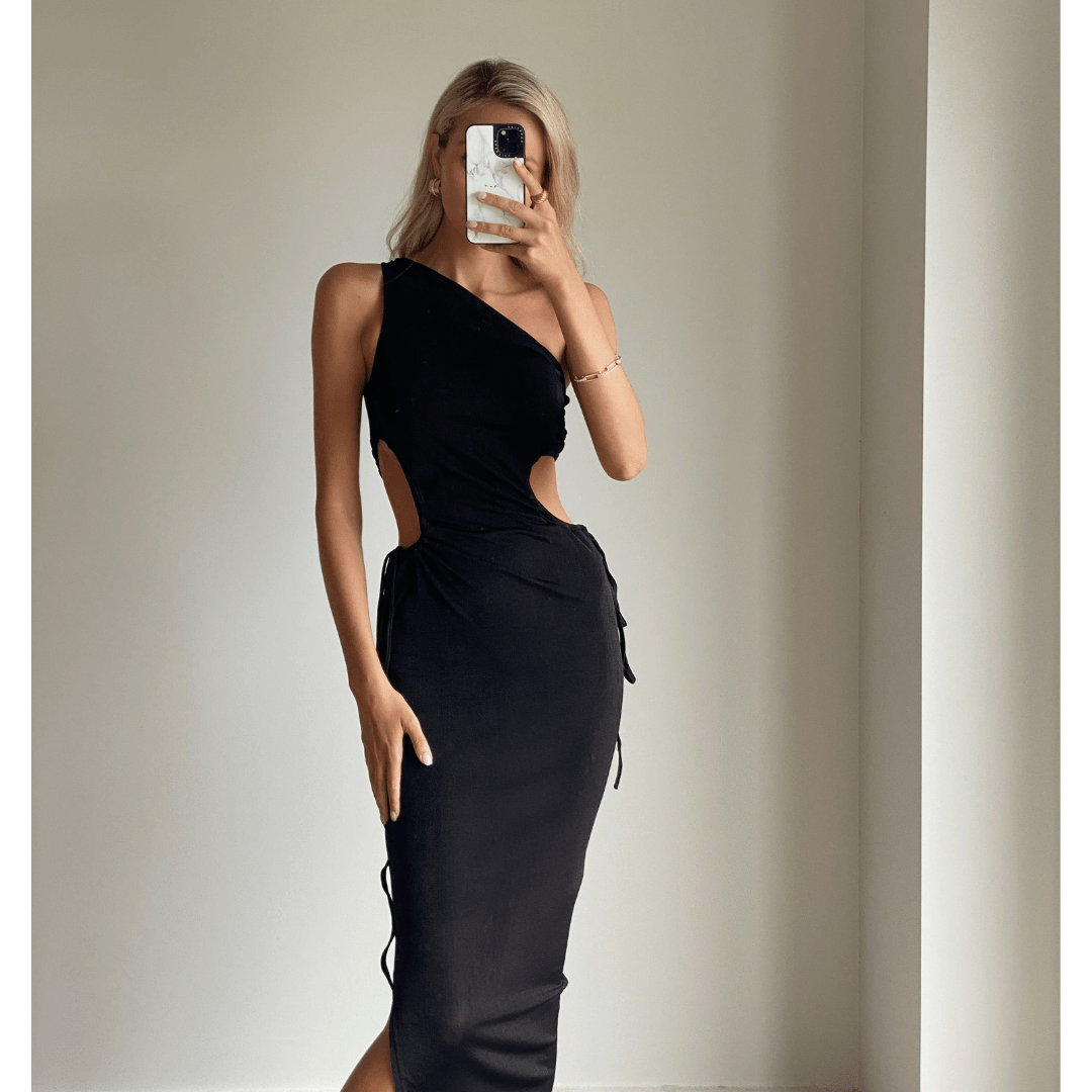 BAILEY Black One Shoulder Side Cut Out Maxi Dress for Women - Elegant Evening Gown for Parties, Weddings & Special Occasions