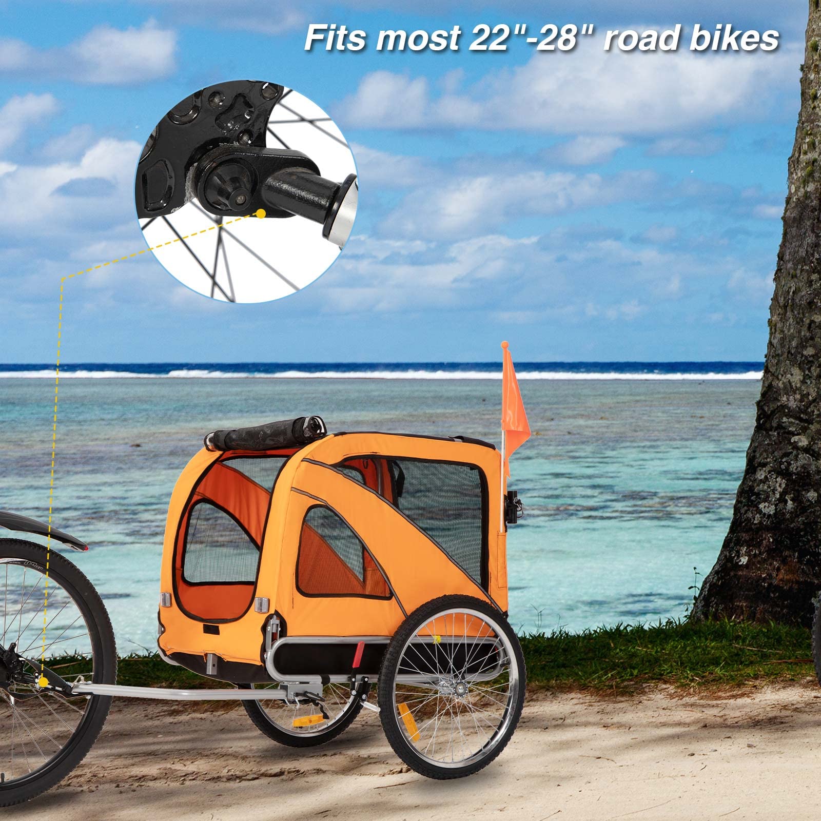 Sepnine & Leonpets 2-in-1 Large Dog Bike Trailer and Jogger - Foldable Pet Stroller with Hand Lock Brakes & Universal Bicycle Coupler for Cycling, Running, Outdoor Adventures (Orange)