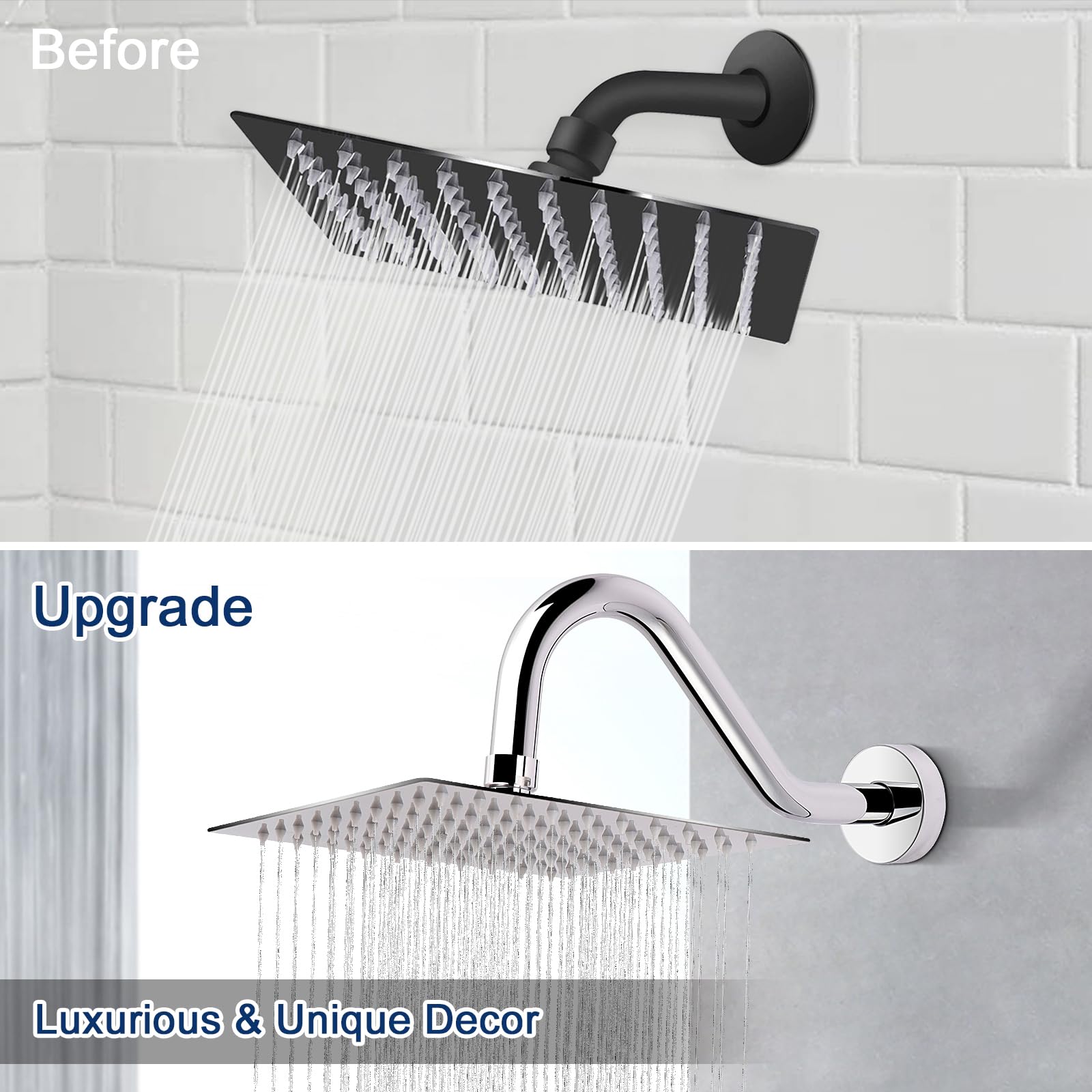 NearMoon J Shaped Shower Extension Arm - 8 Inch Stainless Steel Shower Head Height Extender with Flange & Riser Pipe Design - Standard 1/2