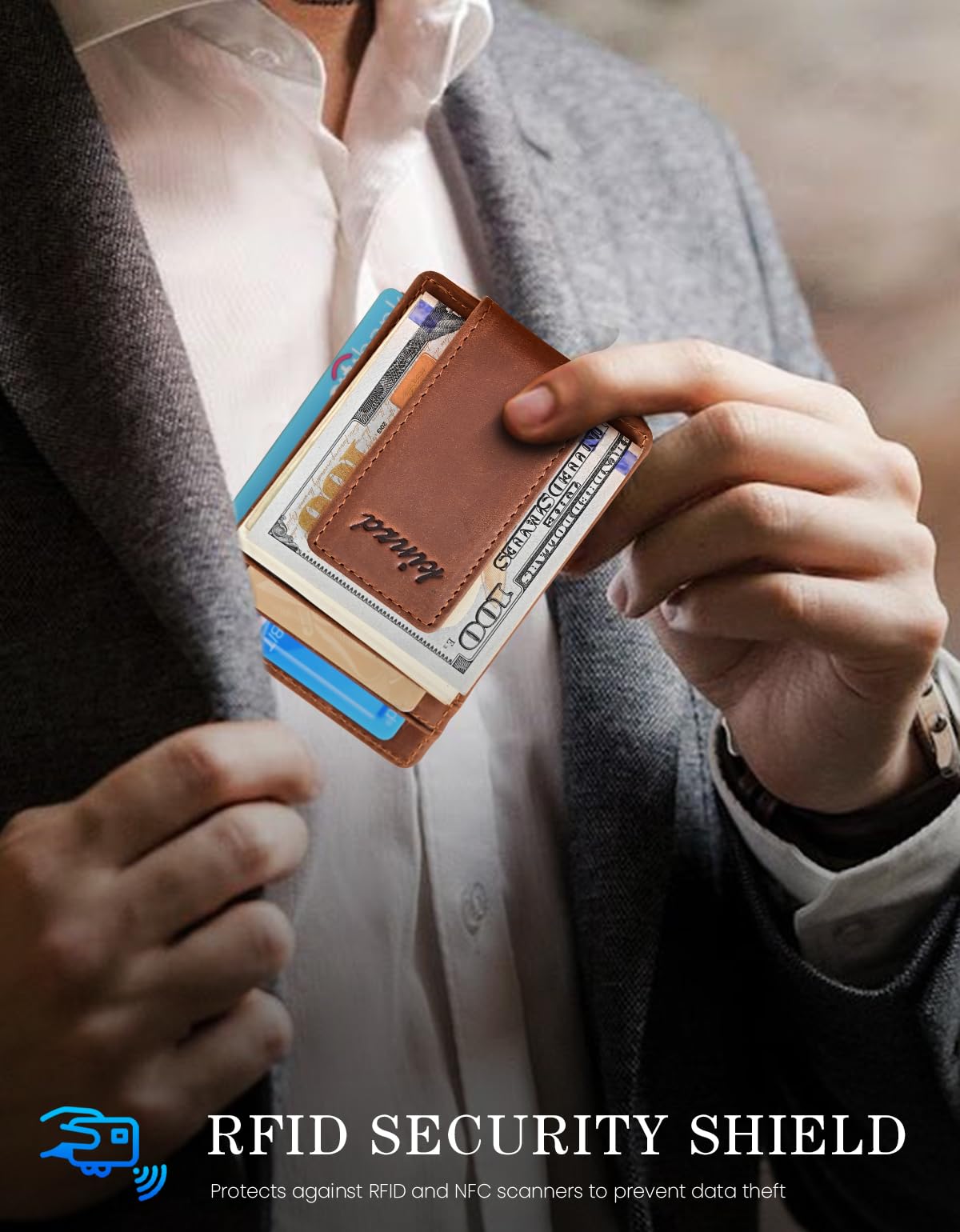 Kinzd Slim Leather RFID Blocking Money Clip Wallet with Strong Magnet - Secure Front Pocket Wallet for Men, Ideal for Travel & Everyday Carry