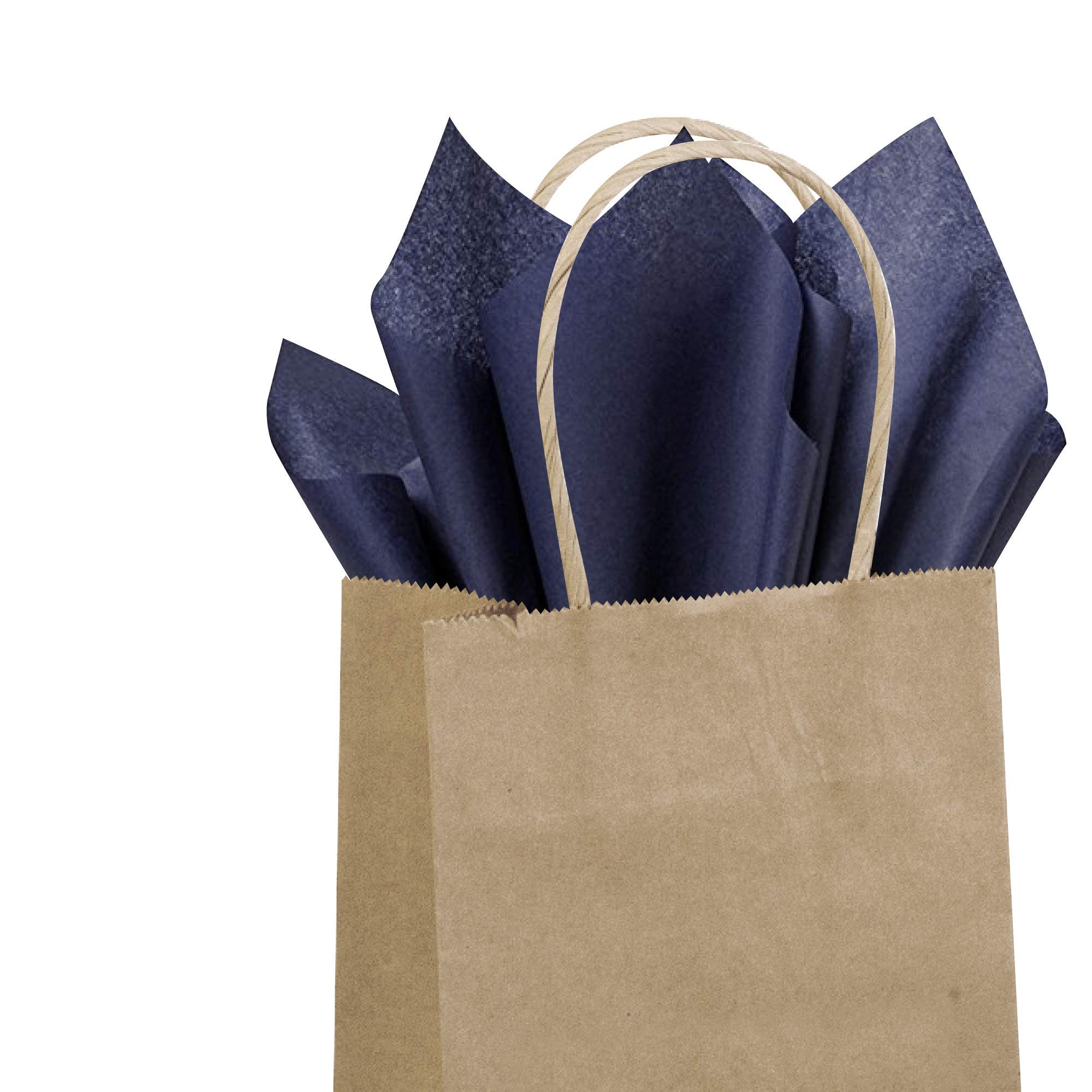 Flexicore Packaging® 50-Pack Natural Brown Kraft Paper Gift Bags with 100 Sheets Navy Blue Tissue Paper - Eco-Friendly Wedding, Birthday & Party Favor Packaging Supplies for Gifts, Favors & Retail Displays