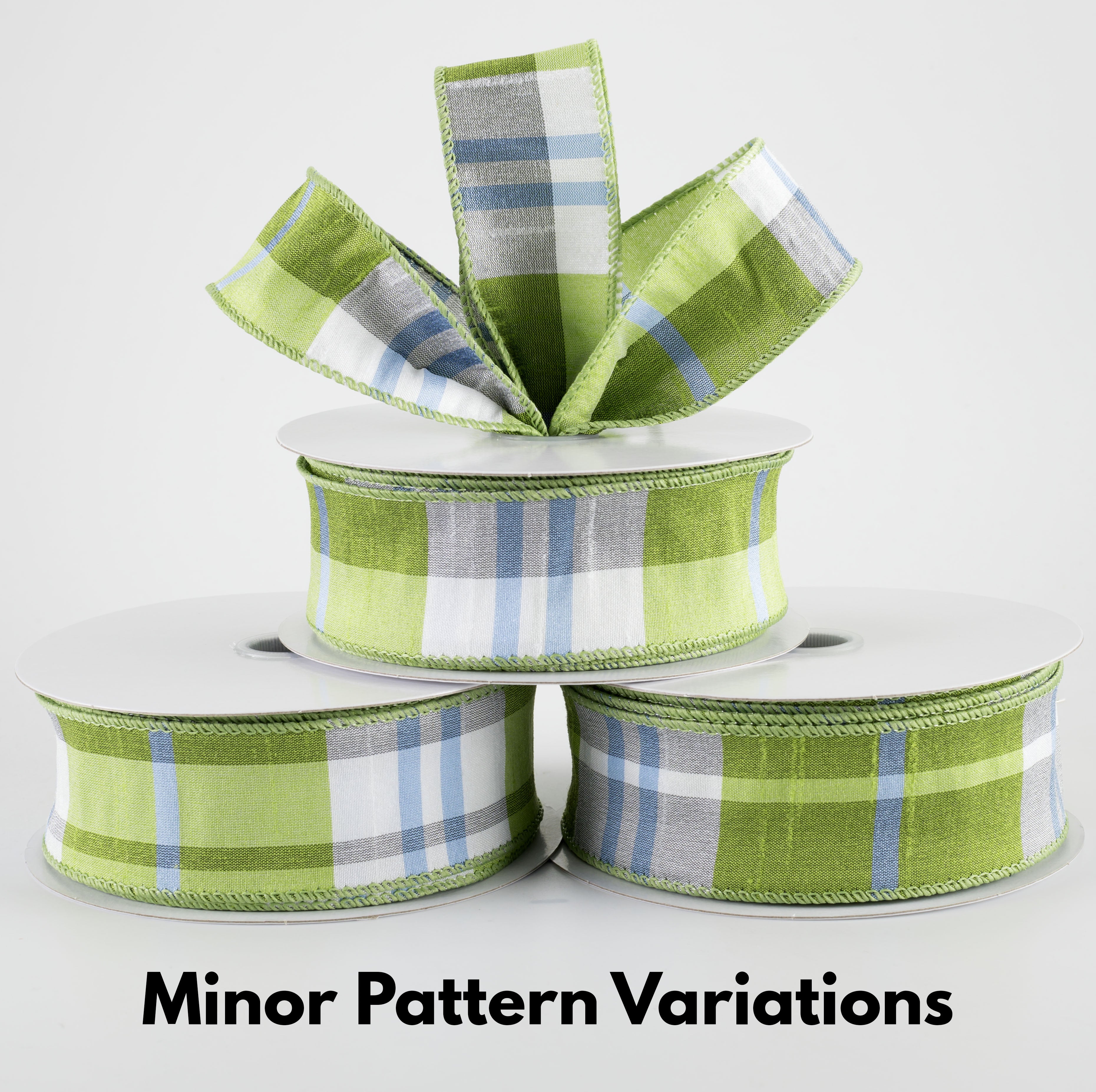 1.5 Inch Faux Dupioni Plaid Ribbon - Kiwi Green, Iris Blue & White - 25 Yards Bulk Spool for Gift Wrapping, DIY Crafts, Wedding Decorations and Hair Bows