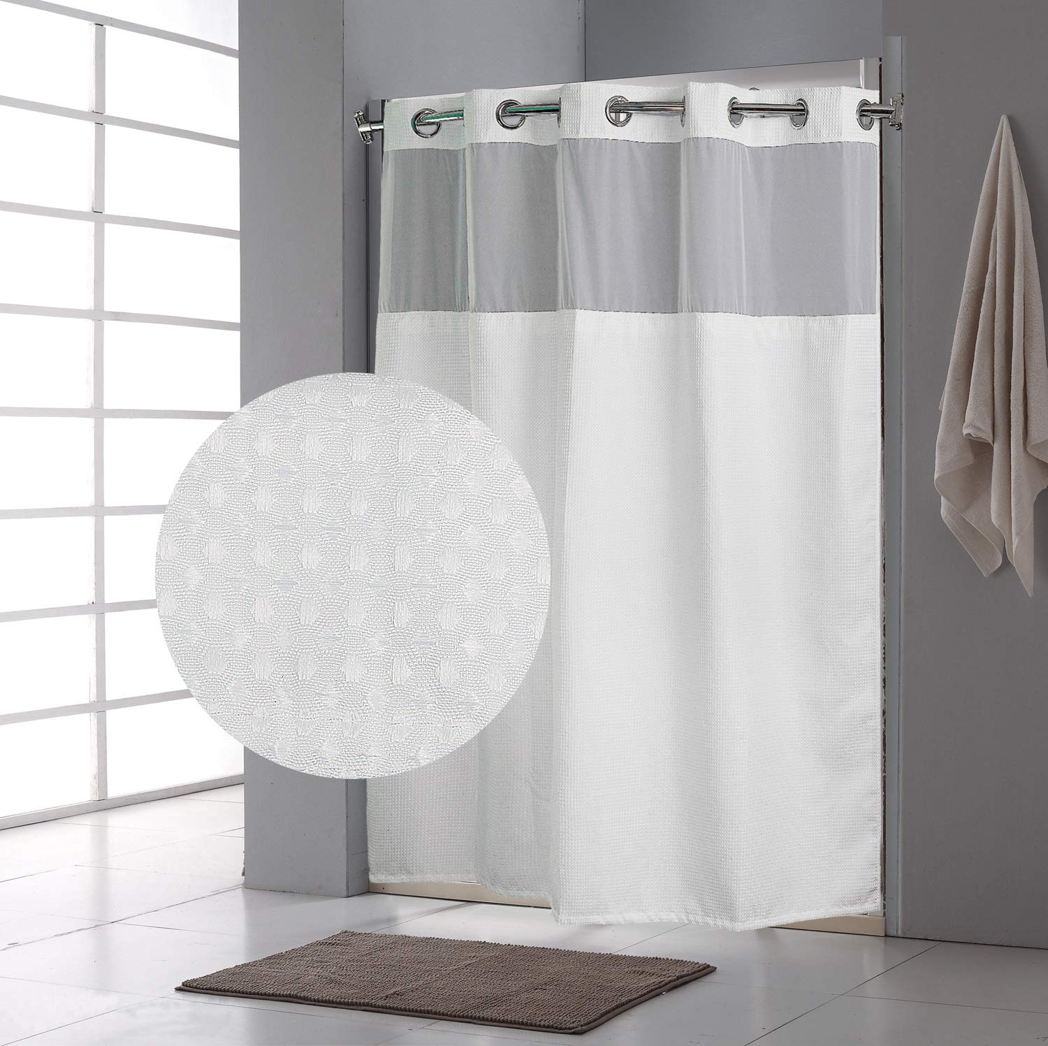 Waterproof Waffle Pattern Shower Curtain with Snap-in Liner - 71x74 Inch, No Hooks Needed - Perfect for Bathroom Decor & Moisture Protection
