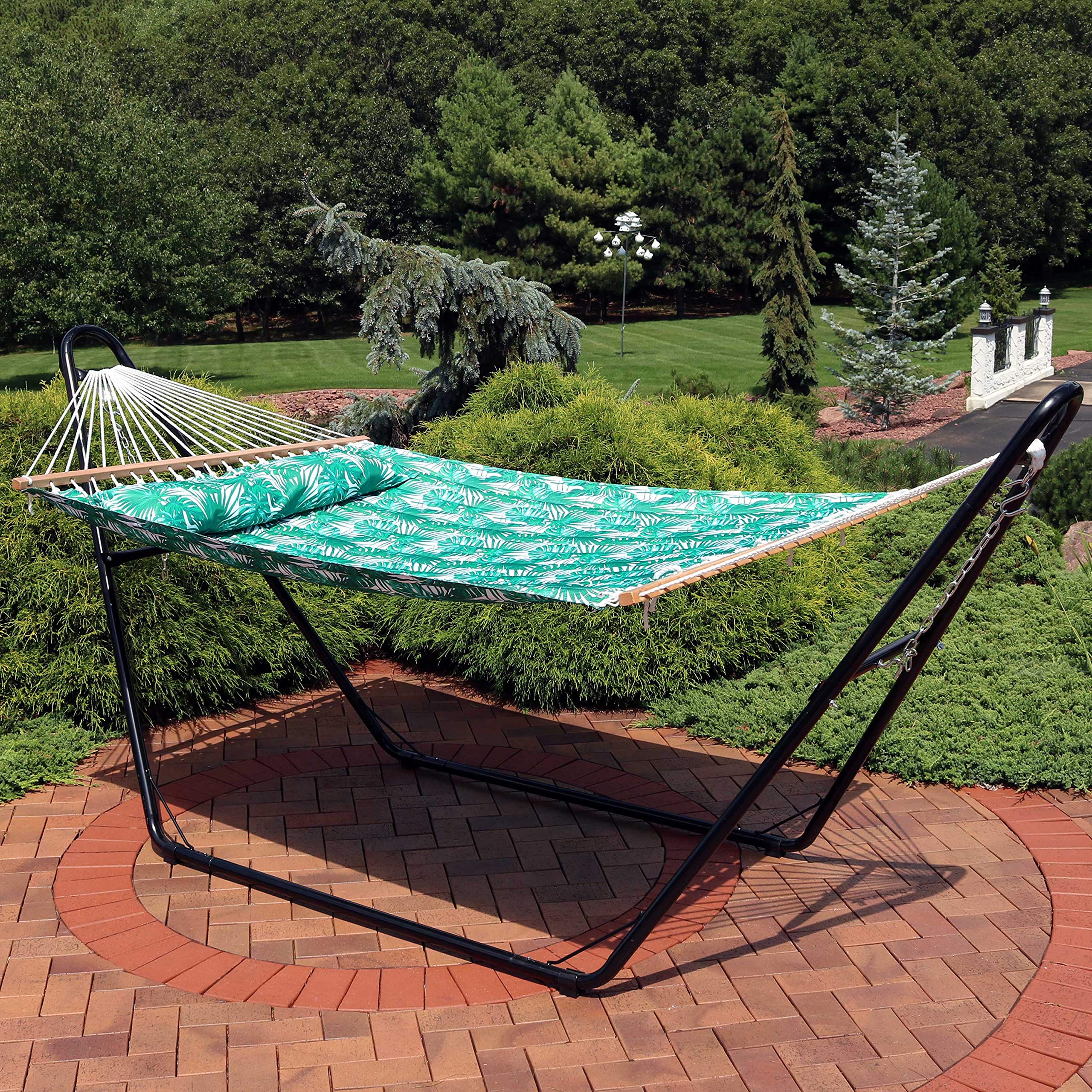 Sunnydaze Quilted Outdoor Hammock with Spreader Bars - Heavy Duty 450 lb Capacity Double Hammock for Patio, Backyard, Camping - Green Palm Leaf Design for Relaxation & Lounging