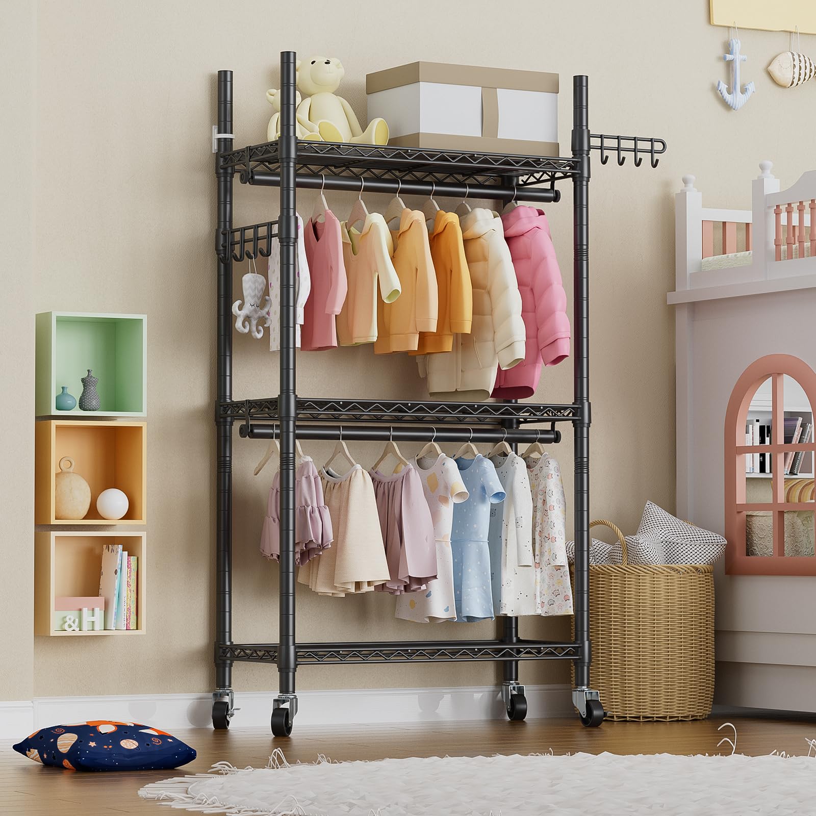 Heavy Duty Rolling Garment Rack with 3-Tier Adjustable Wire Shelves - Double Rods & Side Hooks for Hanging Clothes | Freestanding Wardrobe Storage | Portable Metal Closet Organizer for Bedroom, Laundry Room, or Retail Store