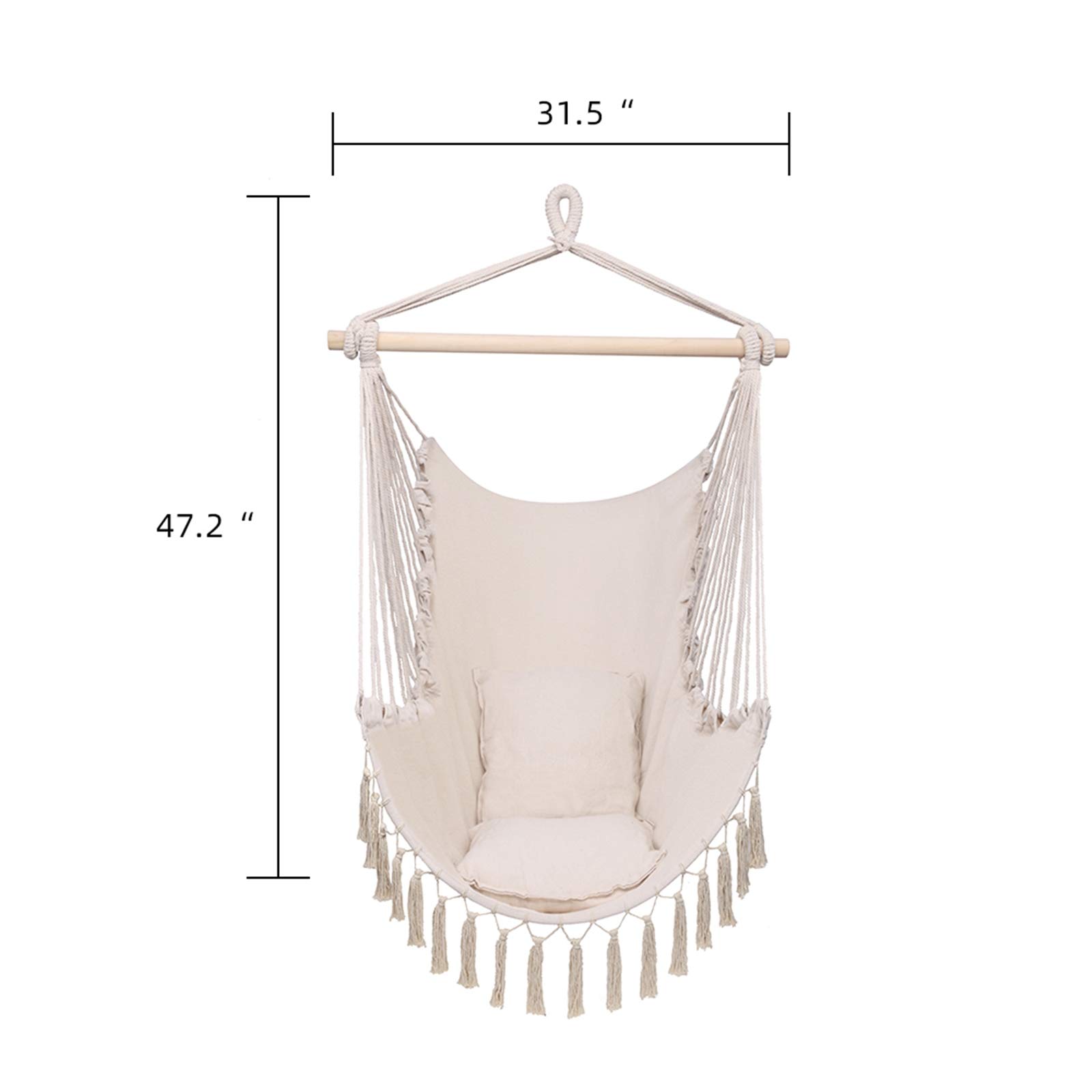 Beige Tassel Hanging Chair with Cushions - Indoor/Outdoor Hammock Swing for Bedroom, Garden, Yard, Patio & Porch - Perfect Relaxation & Boho Decor