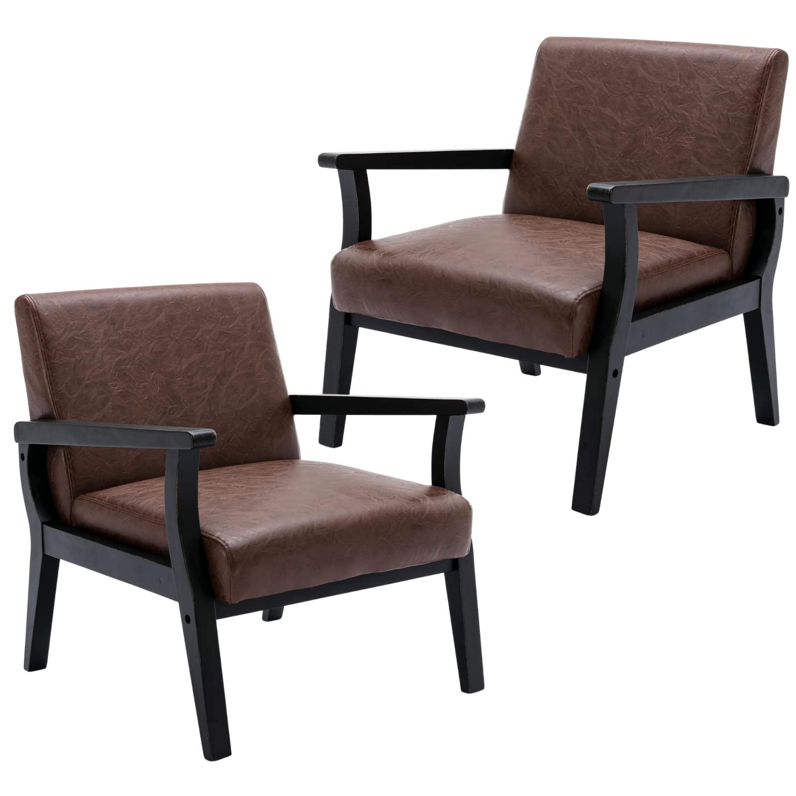Mid Century Modern Accent Chairs Set of 2 - Solid Hardwood Frame & Faux Leather Upholstery - Stylish Living Room & Bedroom Seating - Perfect for Coffee Breaks, Reading Nooks & Conversation Areas