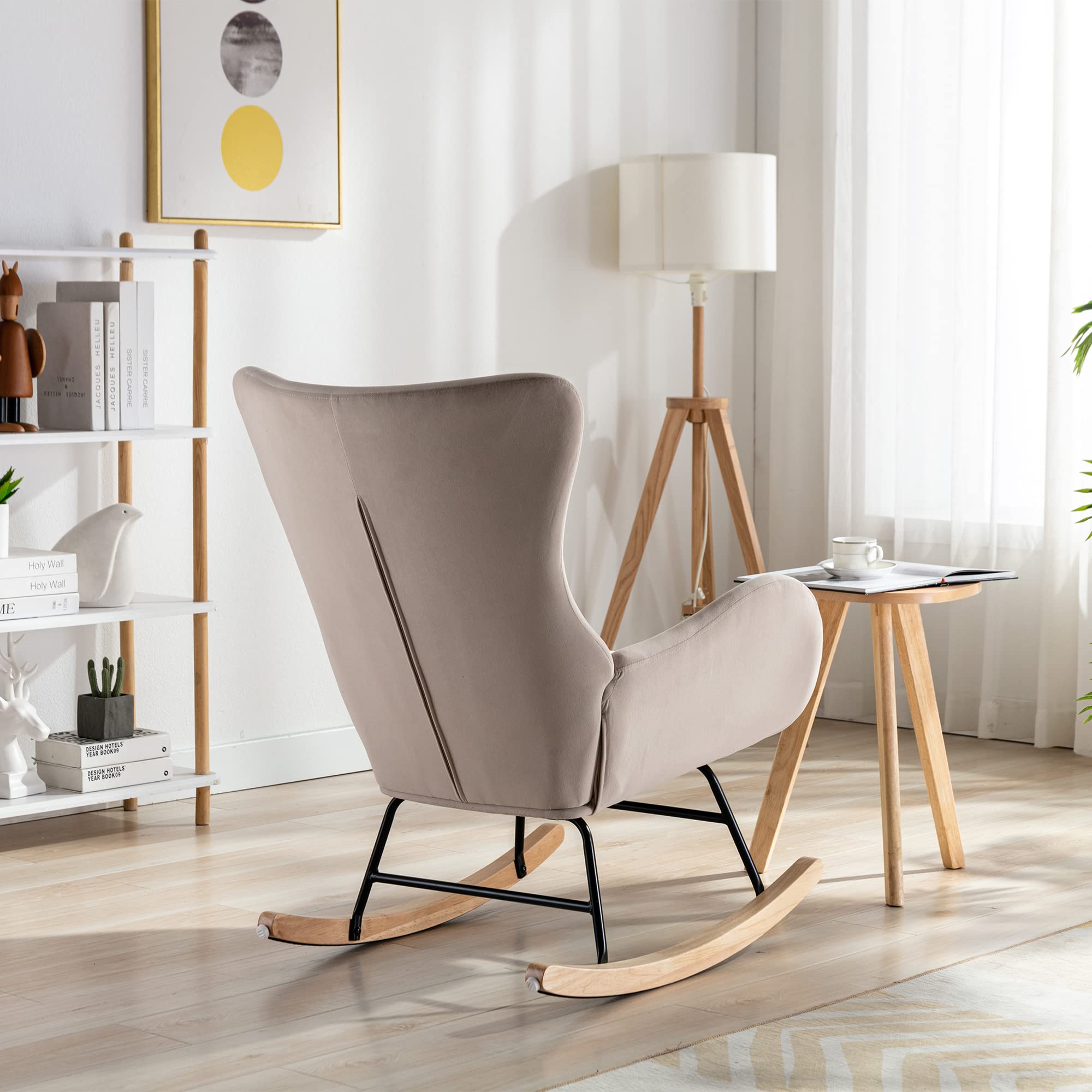 Modern Velvet Rocking Chair with Padded Seat & High Backrest - Nursery Rocker for Living Room, Bedroom, Balcony - Comfortable Accent Chair for Adults & Kids (Beige) | Perfect for Relaxing, Nursing & Reading