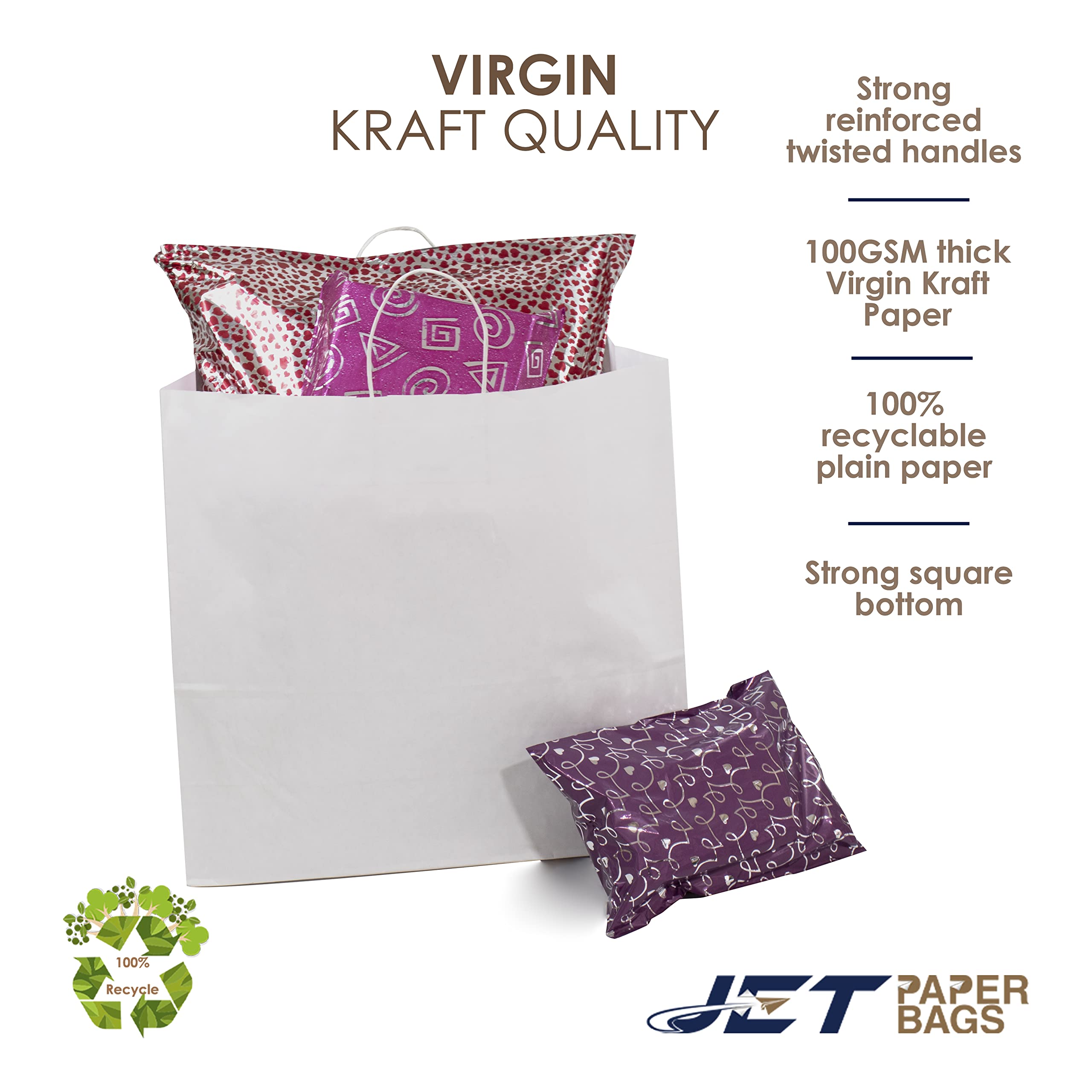 JET PAPER BAGS - 18x7x18 Inch Large White Kraft Paper Bags with Handles (100 Pack) - Eco-Friendly Recyclable Gift Bags for Takeout, Grocery, Retail, Parties, Weddings & Gifts | Perfect for Shopping, Gift Wrapping & Event Favors