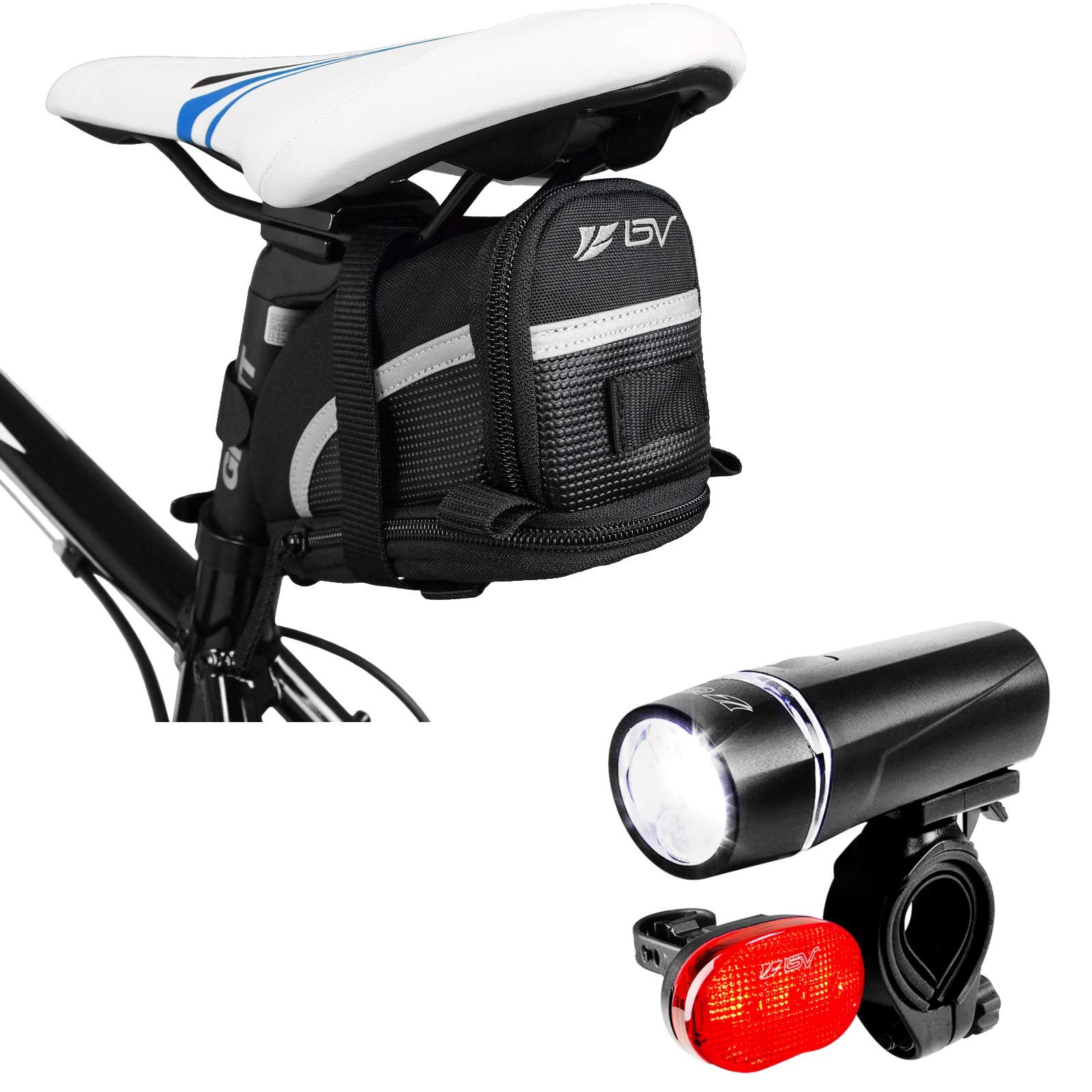 BV Medium Expandable Bike Seat Bag with LED Bike Light Set - Waterproof Cycling Storage & Safety Accessories for Mountain, Road & Commuter Bikes