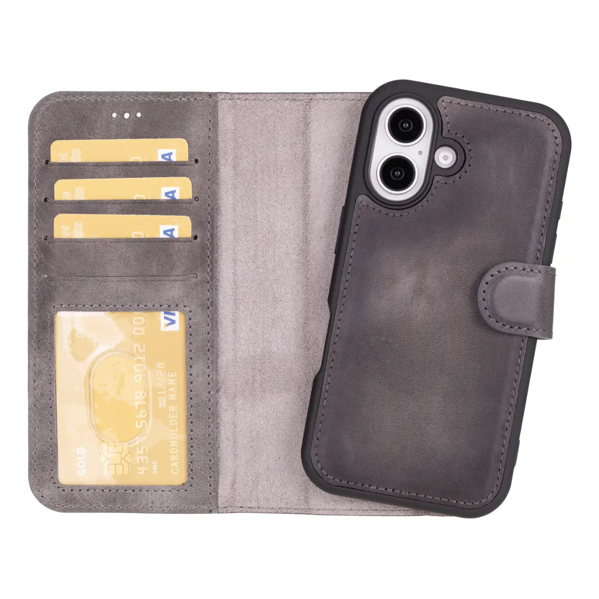 Premium Burnished Gray Leather Wallet Case for iPhone 16 (2024 Model) - Slim Protective Cover with Card Slots | Perfect for Everyday Use, Travel & Business Professionals
