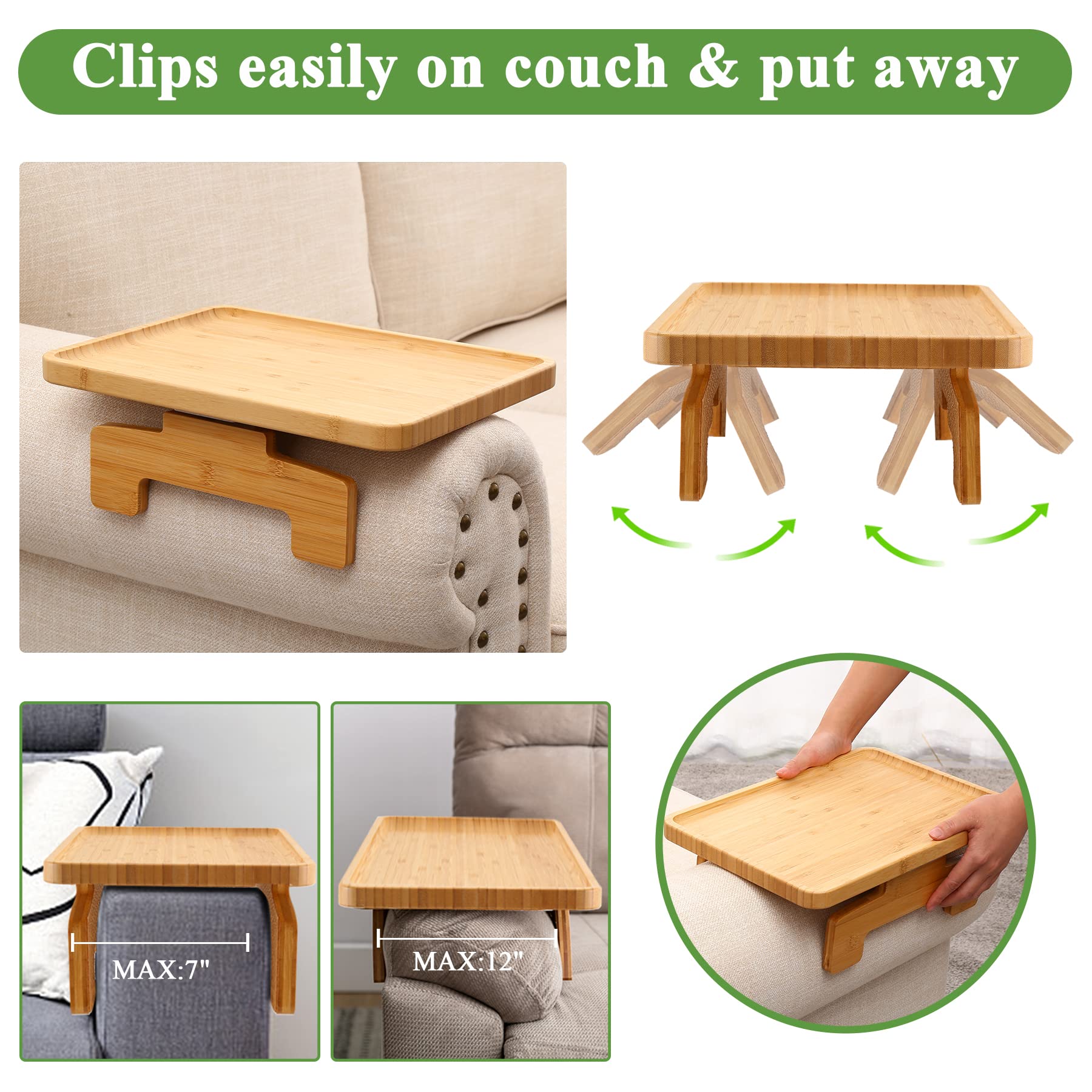 Bamboo Clip-On Couch Arm Tray Table - Portable Sofa Armrest Tray for Drinks, Food & Dining - Perfect for Small Spaces, Living Room, Bedroom & Home Theater Use