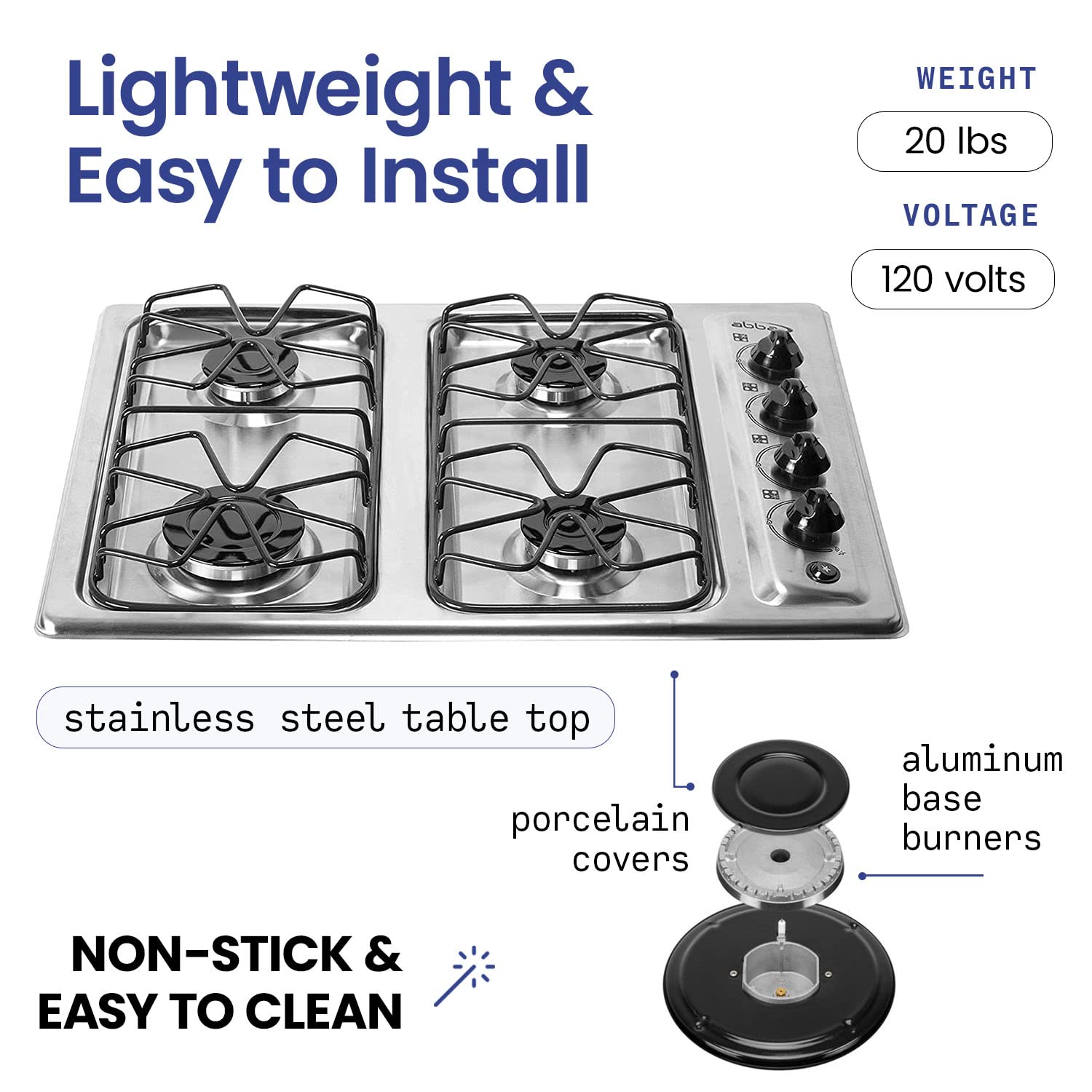 ABBA 24-Inch 4-Burner Gas Cooktop - Stainless Steel Tabletop with SABAF Aluminum Burners & Porcelain Surface | Anti-Spill Design, Easy Cleaning | Perfect for Home Kitchen, RV, Outdoor Cooking (24