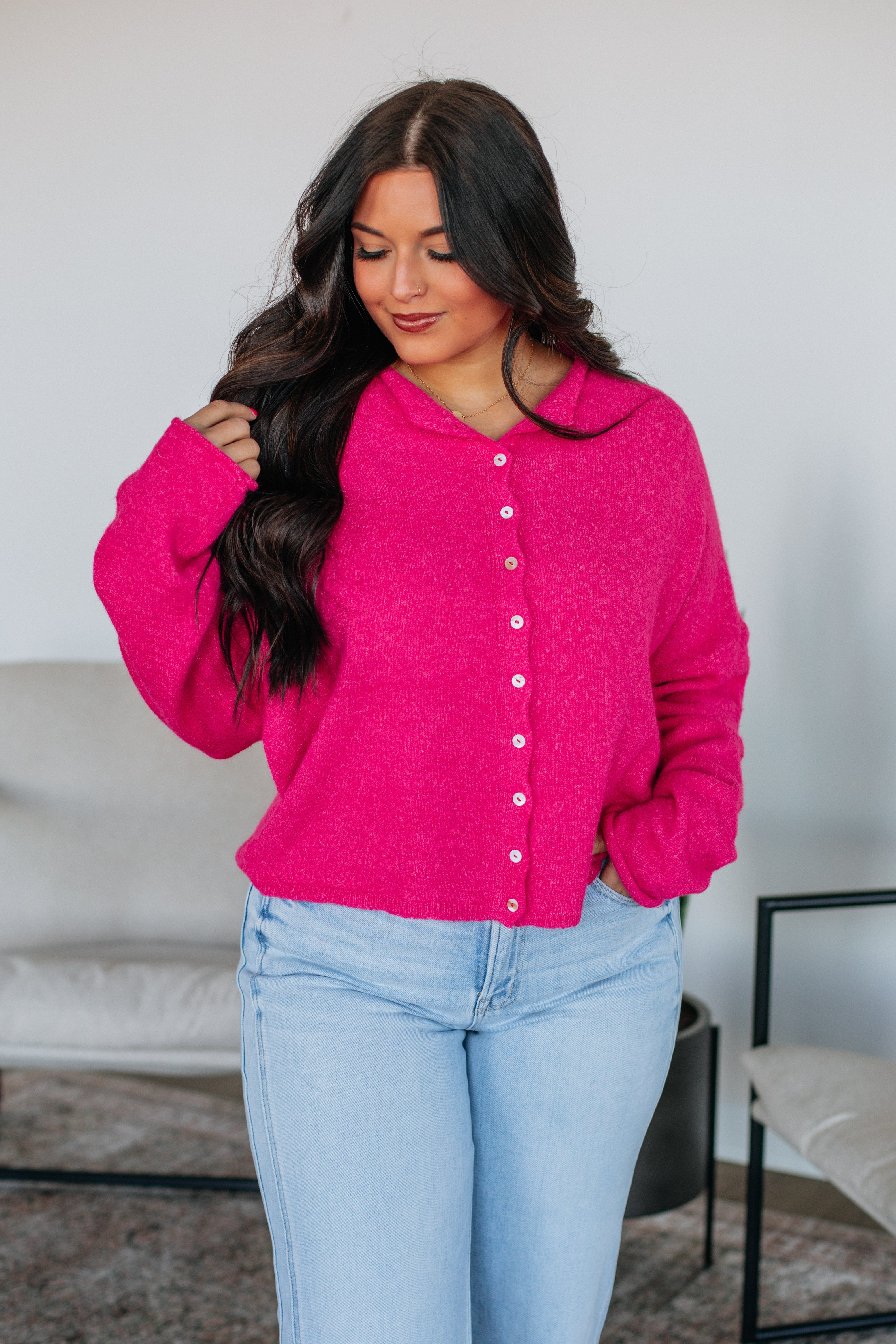 Brooke Cardigan Women's Fuchsia Pink Knit Sweater - Cozy & Stylish for Fall & Winter Outfits