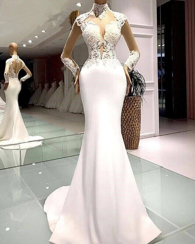 Elegant High Neck Mermaid Satin Wedding Dress with Long Sleeves & Lace Details - Perfect for Bridal Ceremony, Formal Events & Romantic Photoshoots