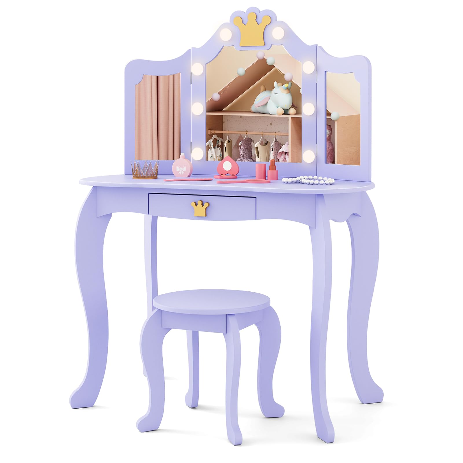 Costzon Kids Vanity Set with LED Lights & Stool - Princess Makeup Dressing Table with Mirror & Drawers for Girls - 2-in-1 Toddler Vanity Play Set (Violet) - Perfect for Pretend Play, Birthday Gifts & Bedroom Decor
