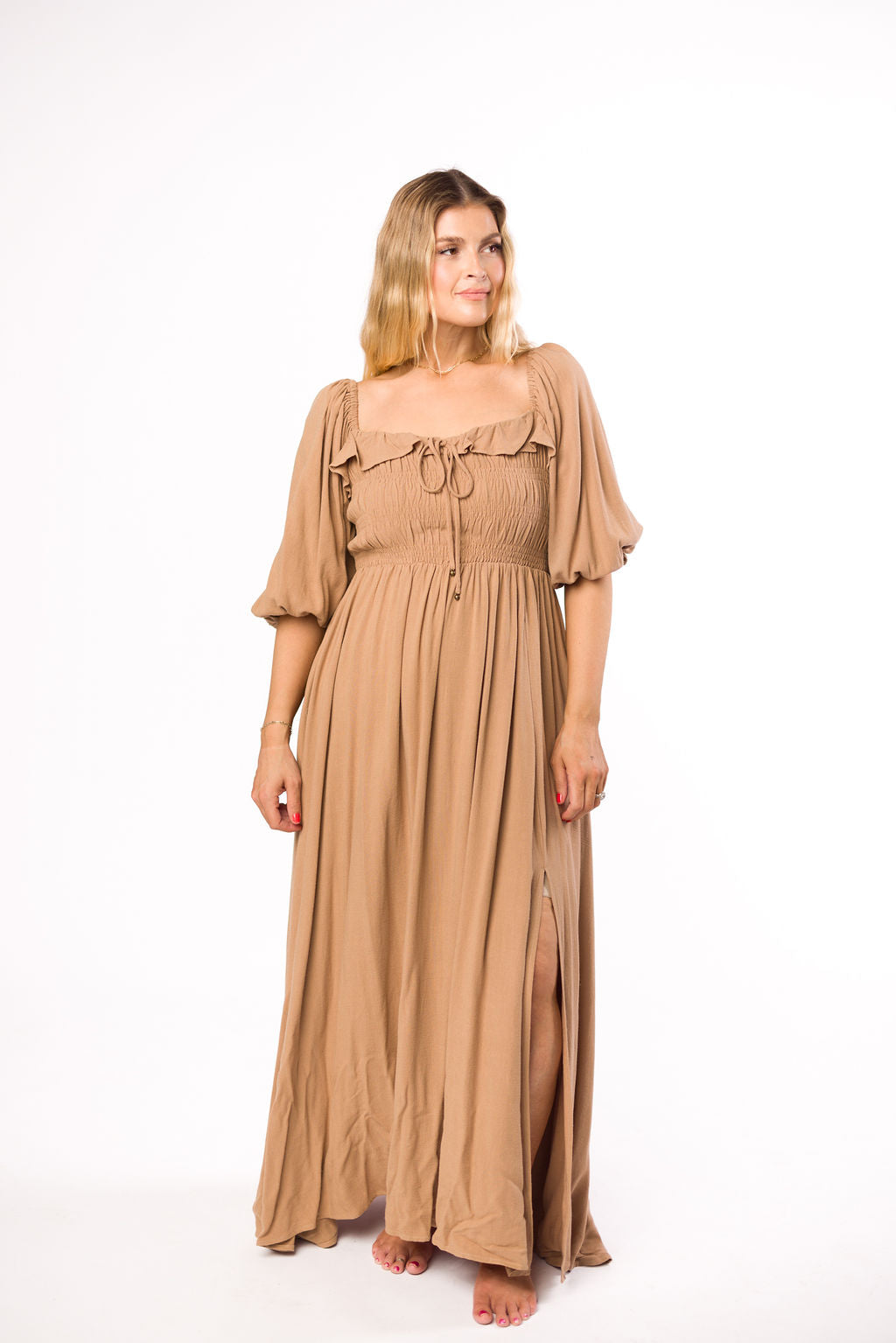 Devon Smocked Maternity Maxi Dress in Taupe - Bump Friendly Flowy Long Dress for Pregnancy, Nursing & Postpartum - Perfect for Baby Showers, Beach Vacations & Date Nights