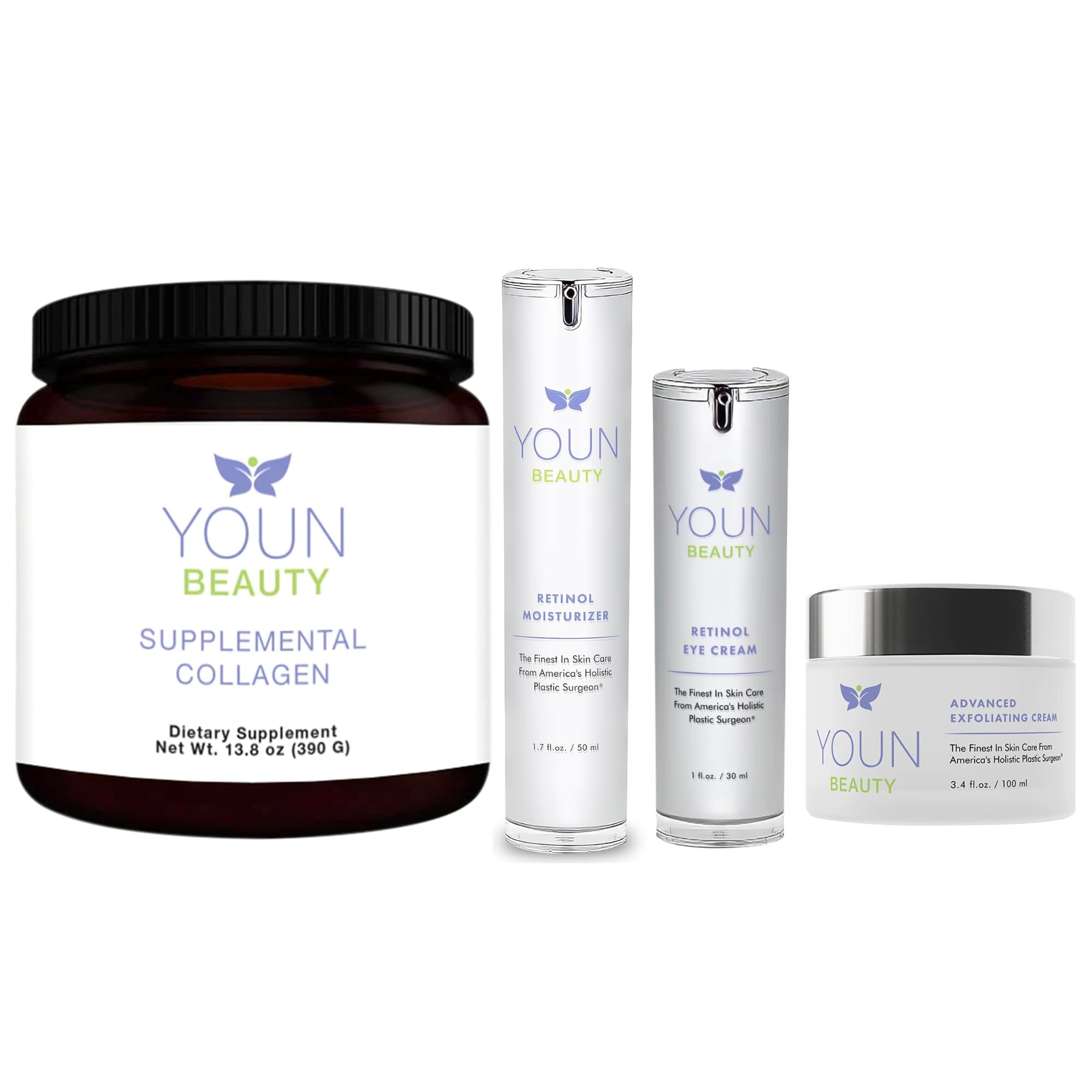 YOUN Beauty Anti-Aging Skincare Set with Collagen Powder, 2.5% Retinol Night Cream & 1% Retinol Eye Treatment – Wrinkle Reducer & Exfoliating Face Wash for Youthful Glow | Perfect for Night Routine & Dry Skin Care