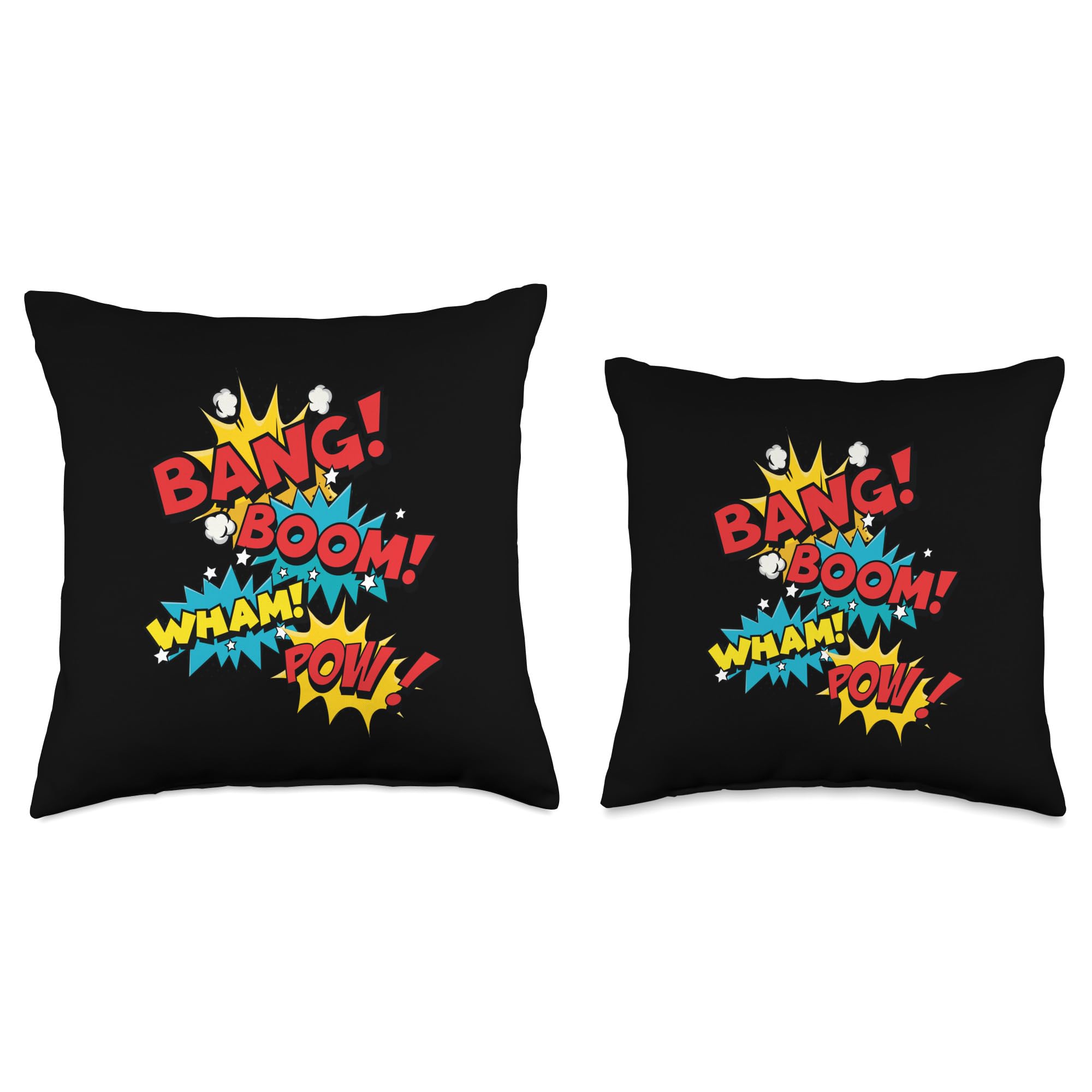 Bang Boom Pow Wham Comic Bubbles Throw Pillow - Pop Art Style Home Decor for Living Room, Bedroom, or Office - Perfect Gift for Comic Book & Superhero Fans
