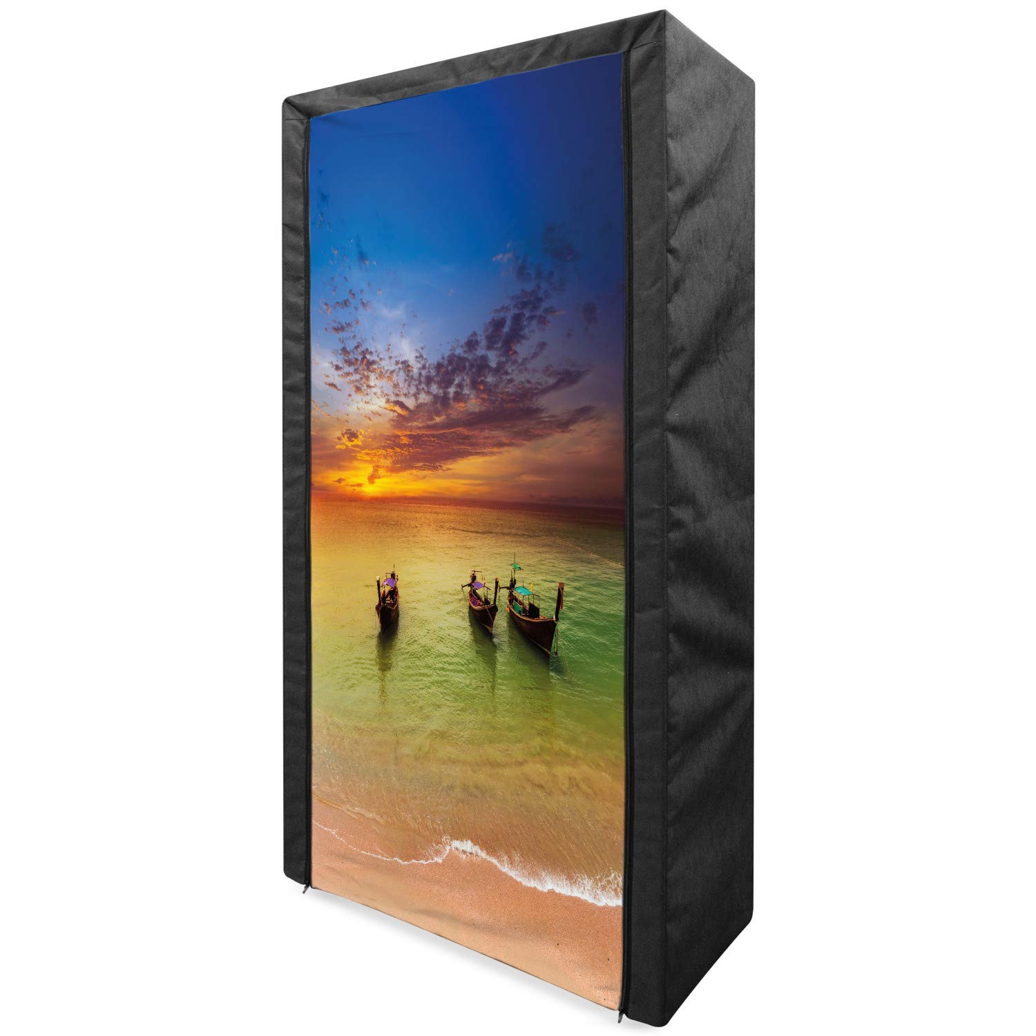 Ambesonne Tropical Portable Fabric Wardrobe - Traditional Thailand Boats Ocean Landscape Closet Organizer with Shelves, 33.5 Inch Multicolor - Perfect for Bedroom, Closet & Vacation Home Storage