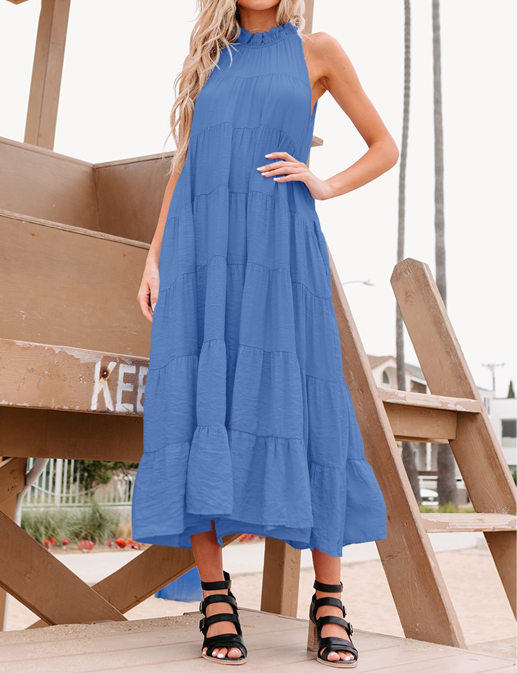 HAEOF Women's Summer Sleeveless Halter Maxi Dress - Flowy Pleated Tiered Beach Sundress for Vacation, Party, and Casual Wear | Lightweight Breathable Long Dress for Beach, Travel, and Outdoor Occasions