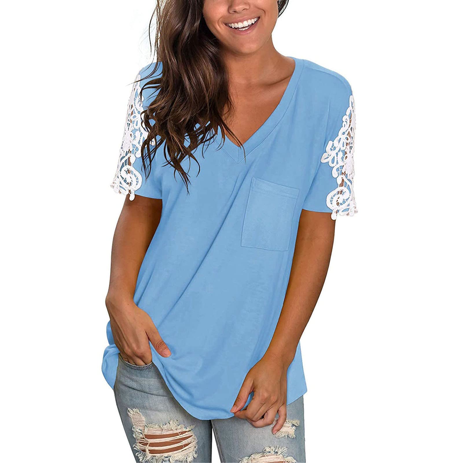 Smooto Women's Peplum Blouse - Short Sleeve Crewneck T-Shirt with Built-In Bra, Blue & White (Size XL) - Perfect for Casual Wear, Work Outfits & Biking
