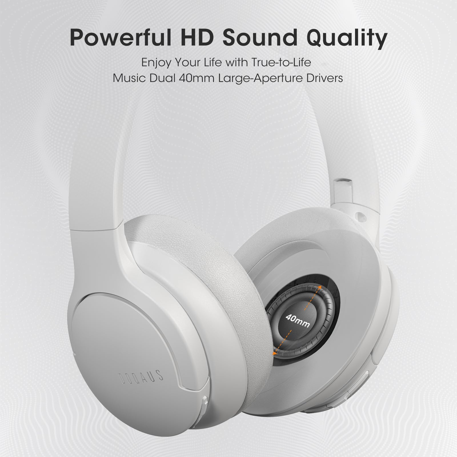 DOQAUS Wireless Over-Ear Headphones with 90H Playtime, Bluetooth 5.0, HiFi Stereo Sound, Deep Bass, Built-in Mic & 3 EQ Modes - Foldable Light Gray Headset for iPhone, Android, PC, Travel, Office & Gaming