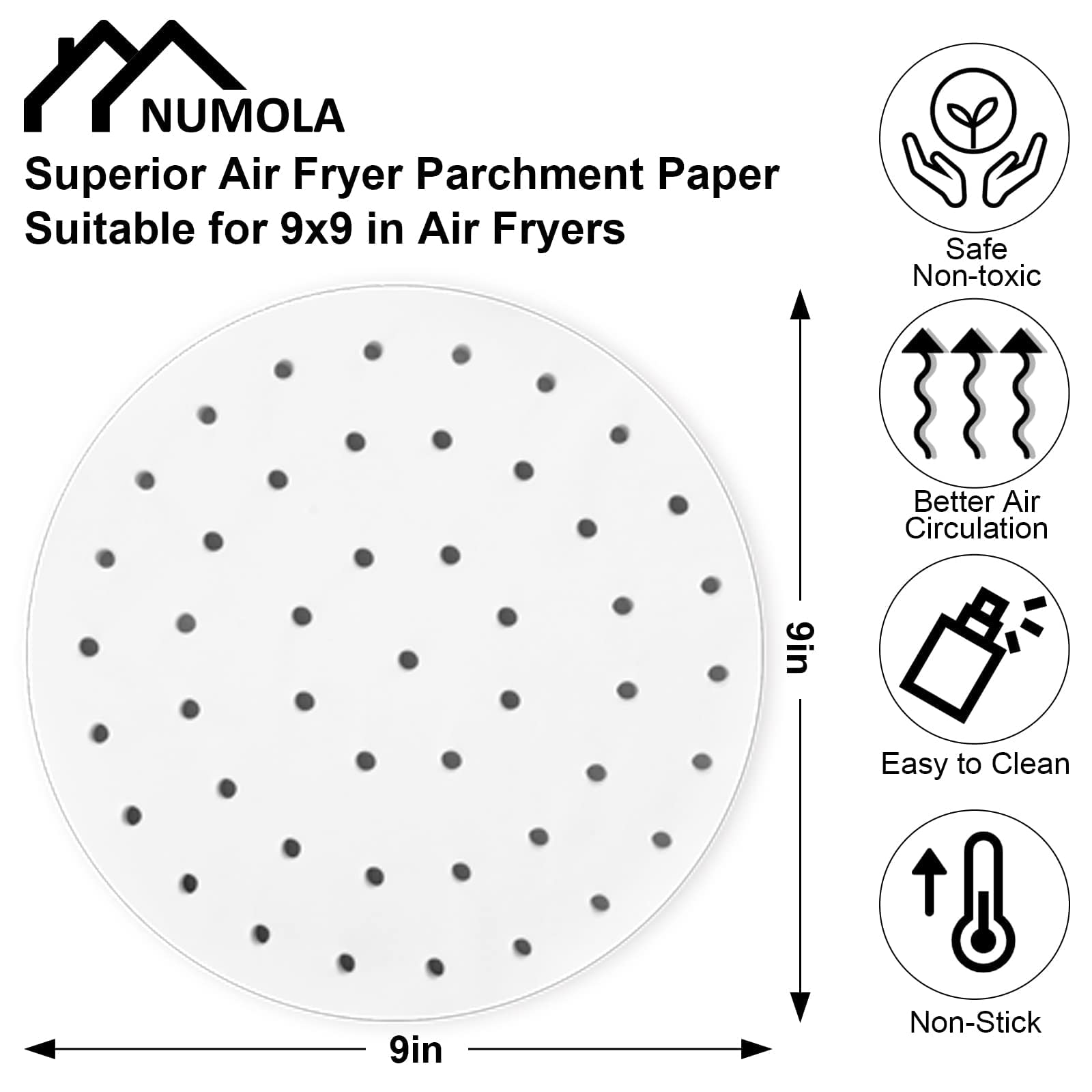 Numola 100-Pack 9-Inch Disposable Air Fryer Liners - Non-Stick Parchment Paper Sheets for Air Fryer, Oven, Microwave & Bamboo Steamer - Perfect for Healthy Cooking, Meal Prep & Easy Cleanup
