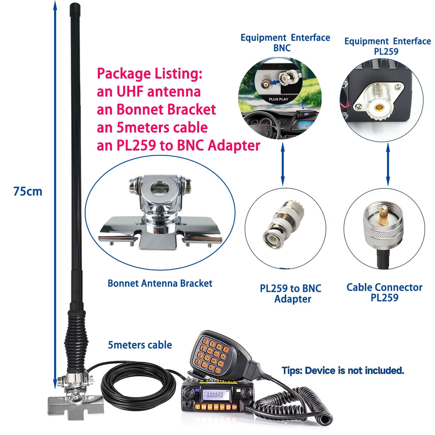High-Performance UHF/VHF Two-Way Radio Antenna for Trucks & Vehicles - Compatible with Uniden, Bearcat, Whistler, Icom, Yaesu, Cobra & Midland Handheld Radios - Includes Car Bonnet Bracket & 5m Cable - Perfect for Off-Roading, Emergency Communication & Fleet Management