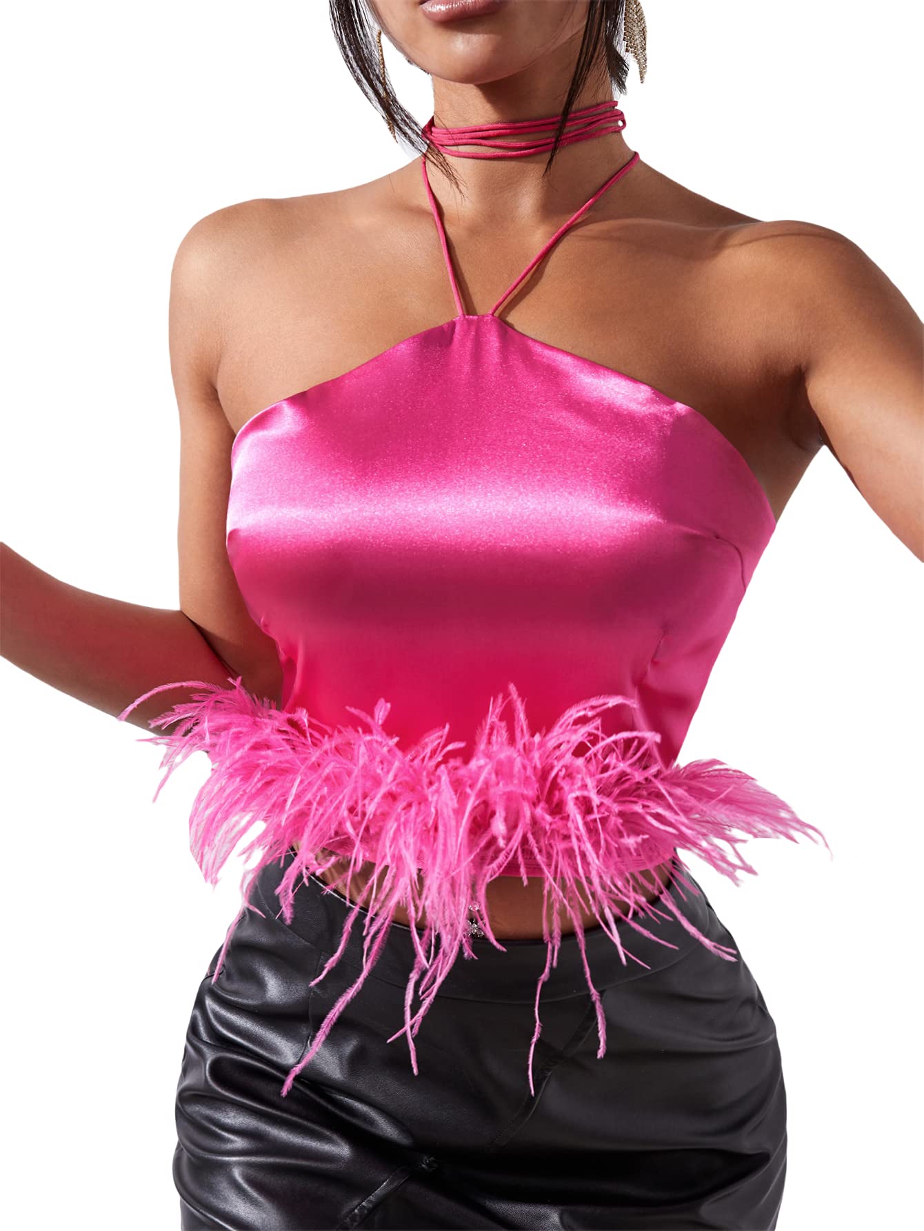 MakeMeChic Women's Satin Silk Halter Top - Self Tie Fuzzy Trim Crop Cami Blouse for Casual Wear, Night Out & Summer Fashion