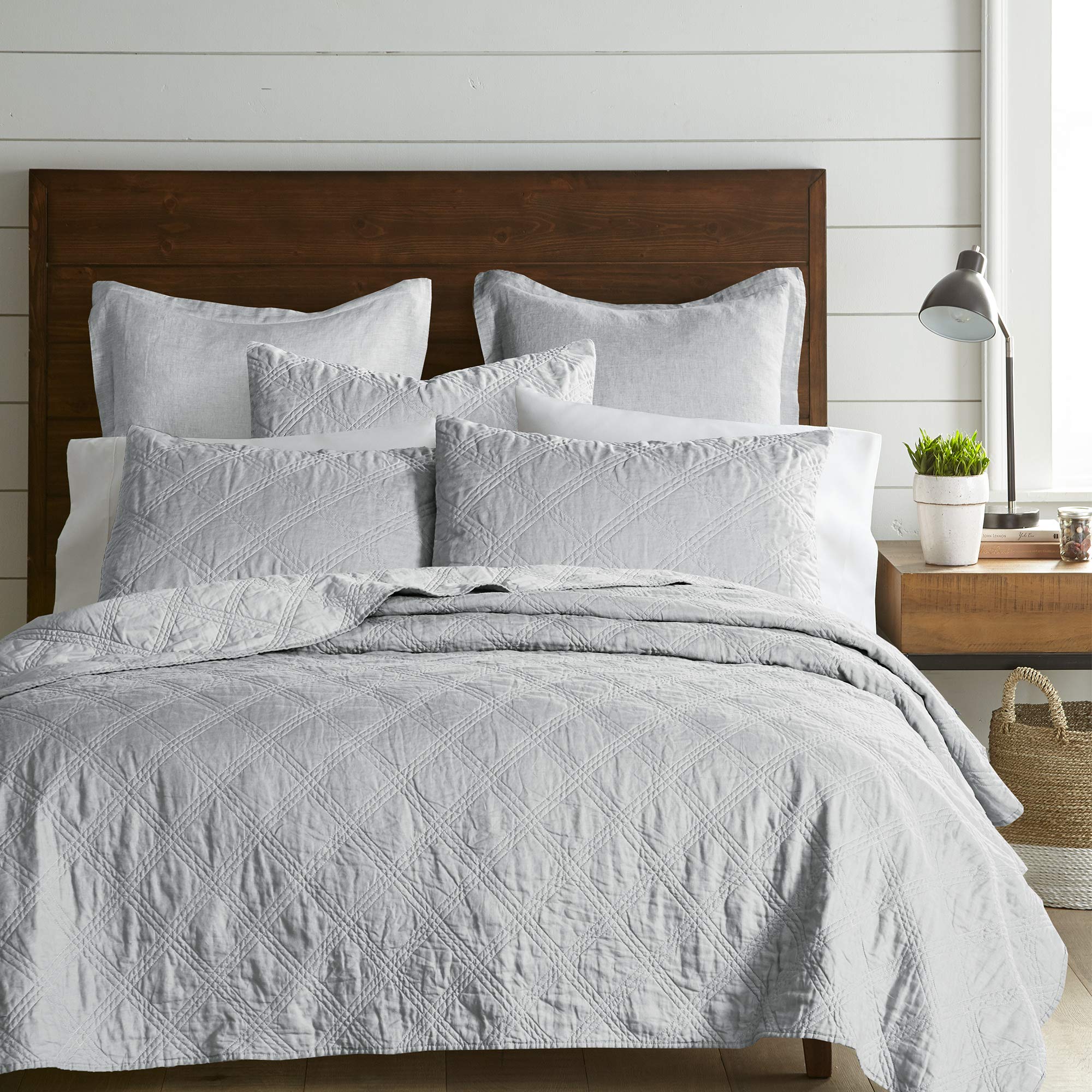 Levtex Home 100% Linen Front & Cotton Back King Size Quilt Set - Light Grey Washed Linen Bedding - 106