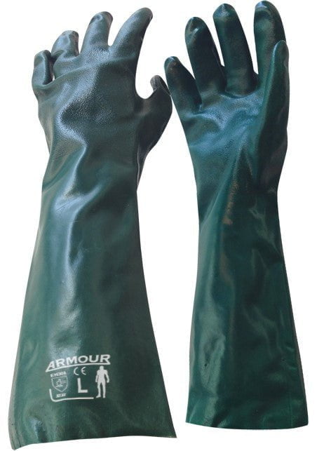 Armour Green PVC Chemical Gauntlet Gloves - 45cm Long Chemical Protection Work Gloves (6 Pairs) - Ideal for Laboratory, Industrial Cleaning & Hazardous Material Handling