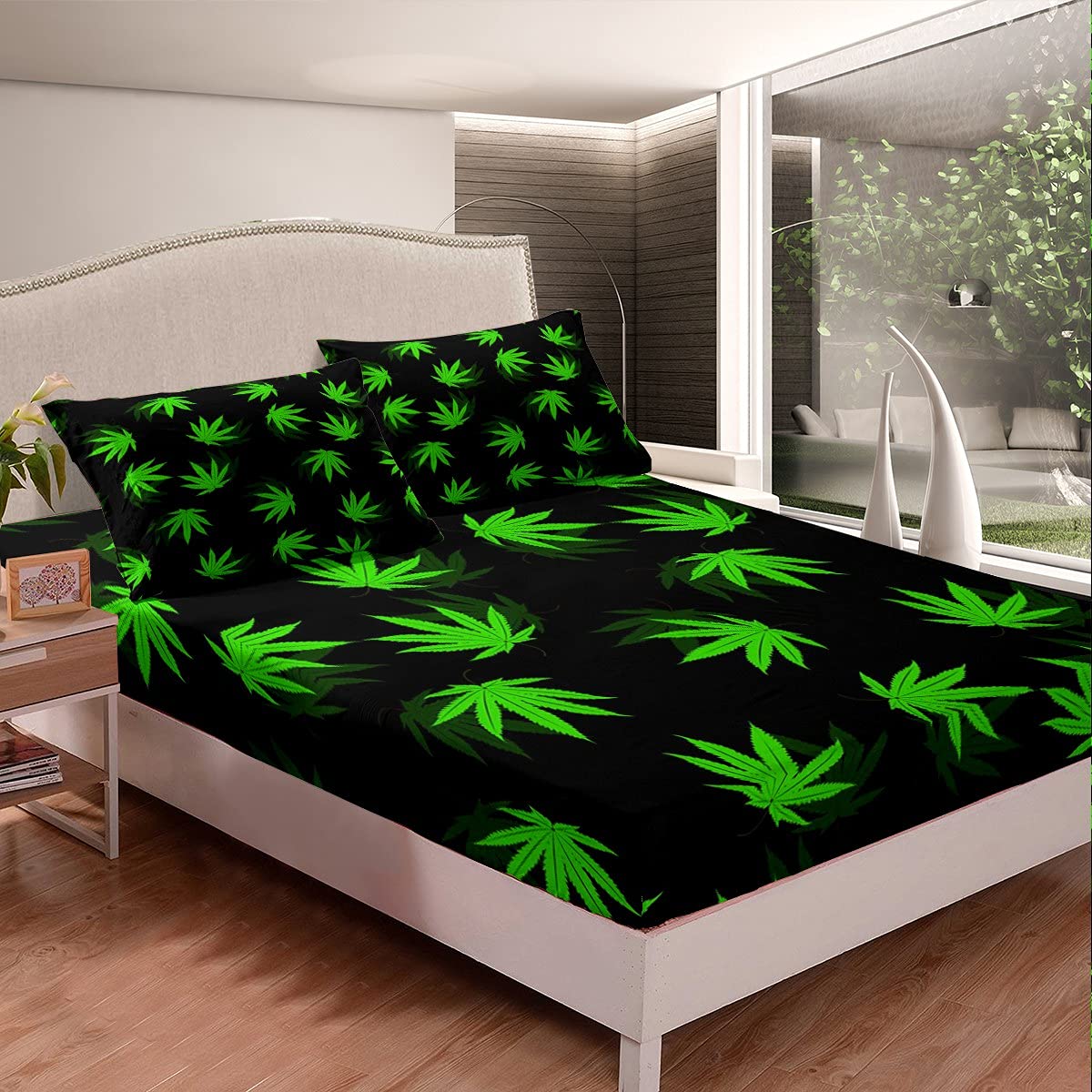 Cannabis Leaf Bed Sheet Set - Queen Size | Exotic Trippy Marijuana Weed Leaf Printed Sheets for Kids, Teens & Adults | Green Botanical Deep Pocket Fitted Sheet + Flat Sheet + 2 Pillowcases | Perfect for Dorm Rooms, Hippie Themed Bedrooms & Stoner Decor