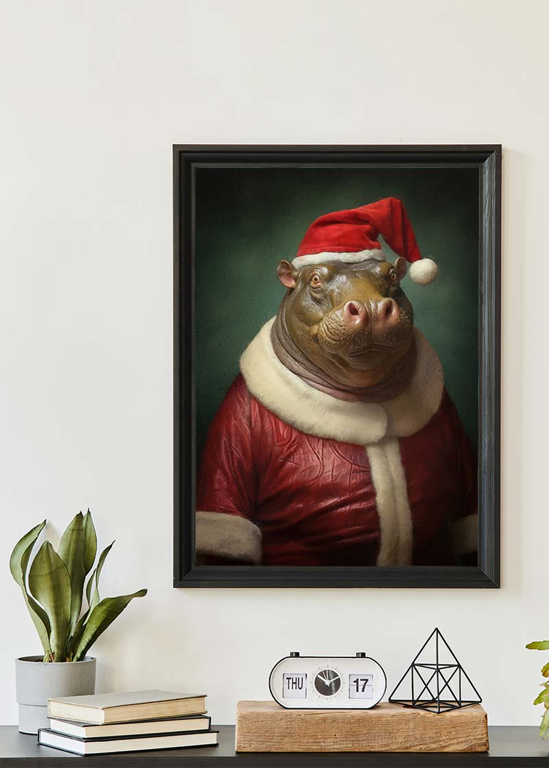 Christmas Hippo Animal Portrait Print - Festive Holiday Wall Art Decor for Home, Office & Gifts