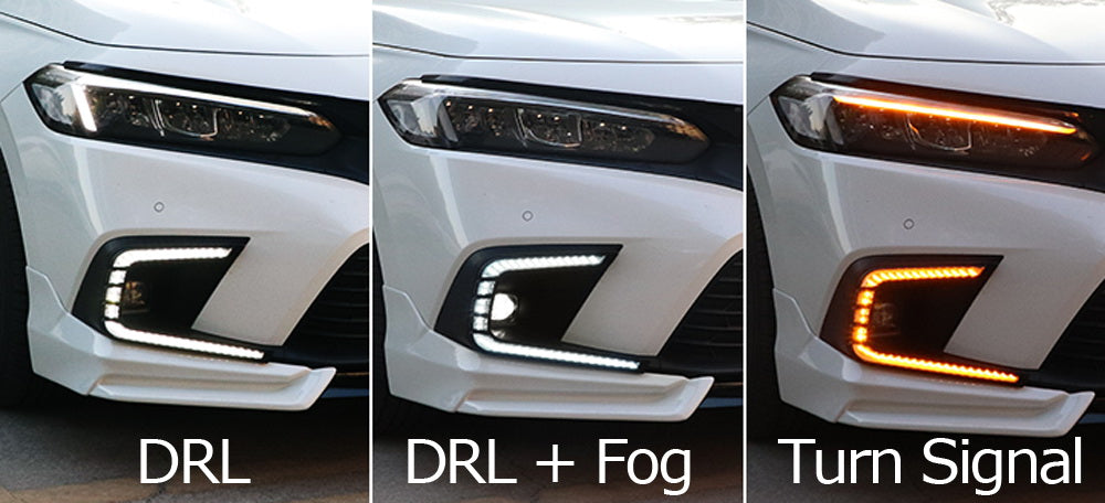 2022+ Honda Civic 4dr Fog Bezel Replacement with Switchback LED Daytime Running Lights - Upgrade Your Car's Style & Visibility for Night Driving and Daily Commutes