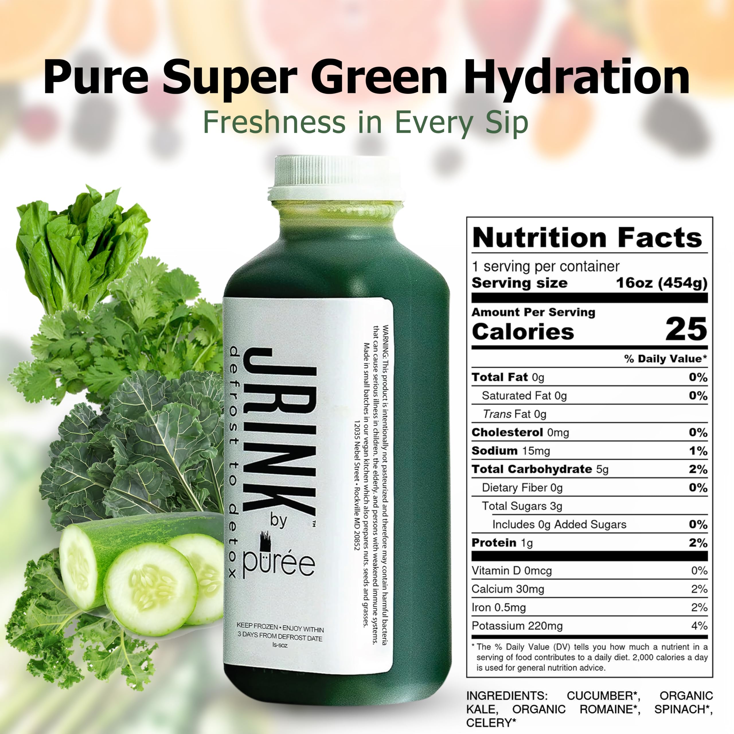 JRINK by Purée Super Green Juice - Cold Pressed Organic Juice with 100% Raw Fruits & Vegetables, No Preservatives, 16oz (12-Pack HDPE Bottles) - Boost Energy & Detox for Healthy Lifestyle