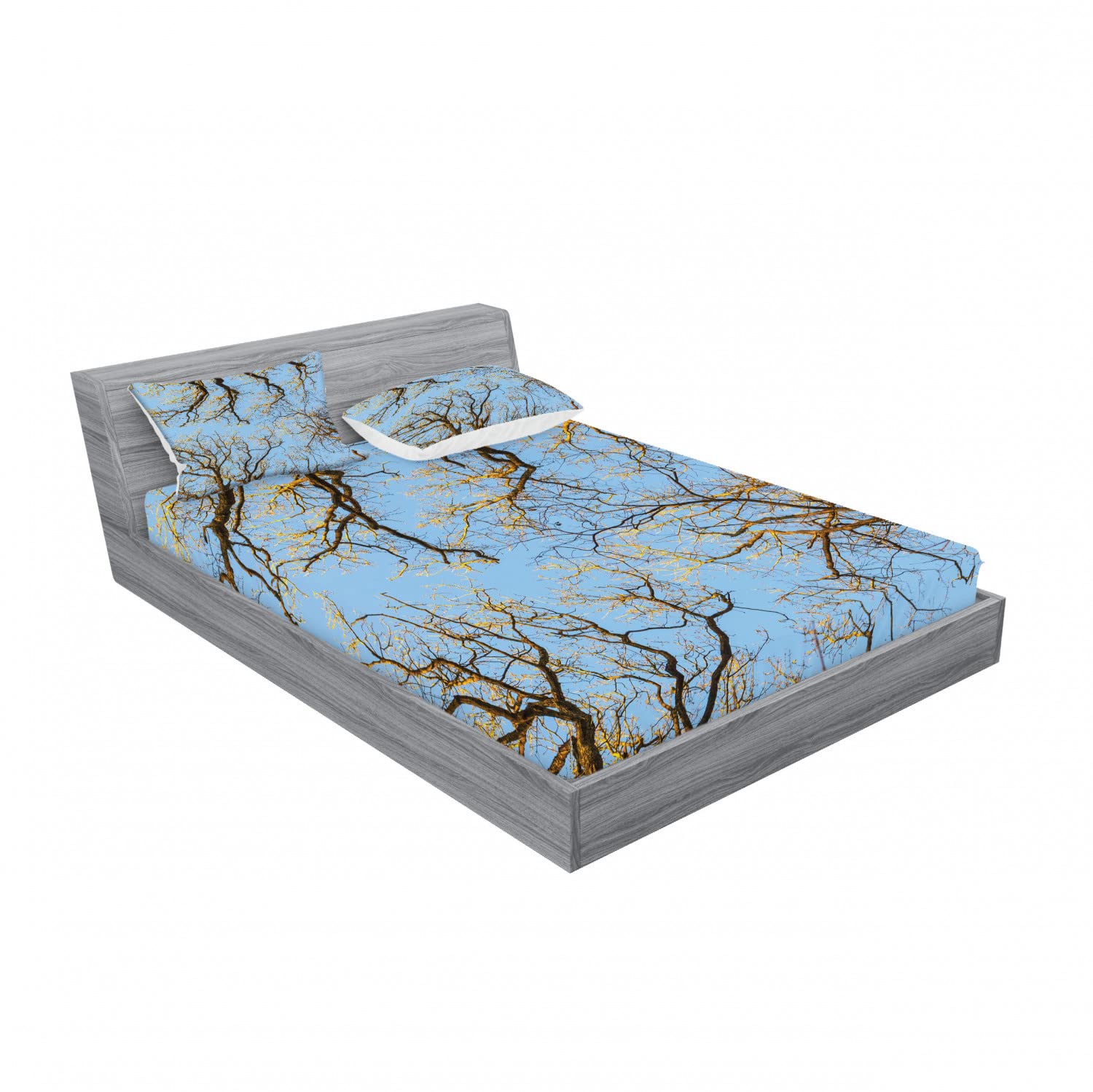 Ambesonne 2-Piece Full Size Fitted Sheet Set with 4 Pillow Shams - Vibrant Sky & Trees Pattern Blue Brown Bedding - Soft Breathable Bed Sheets for Guest Room, Dorm, RV & Vacation Home Decor