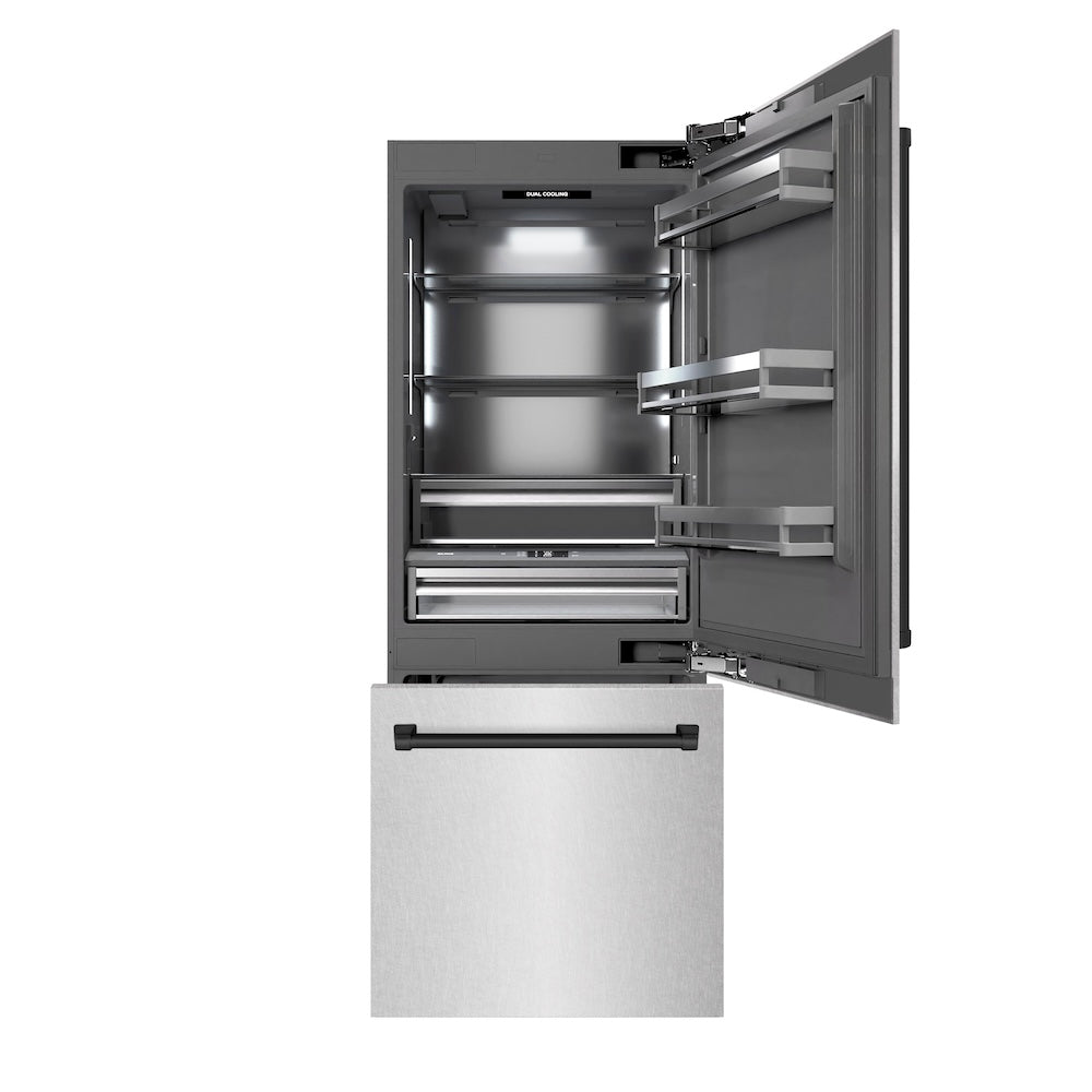ZLINE Autograph Edition 30-Inch Built-In Bottom Freezer Refrigerator - 16.1 cu.ft Capacity, Satin Stainless Steel with Graphite Gray Interior & Matte Black Accents - Water Dispenser & Ice Maker - Perfect for Modern Kitchens & Open-Concept Homes (GRBIVZ SN 30 MB)