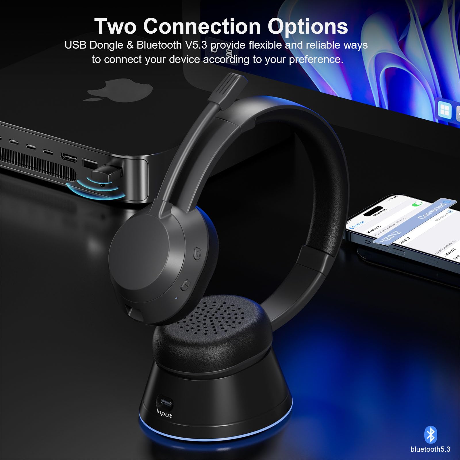 Wireless Bluetooth Headset with Noise Cancelling Mic - USB Dongle & Charging Dock for PC, Laptop, Teams, Zoom - Perfect for Call Center, Home Office & Remote Work