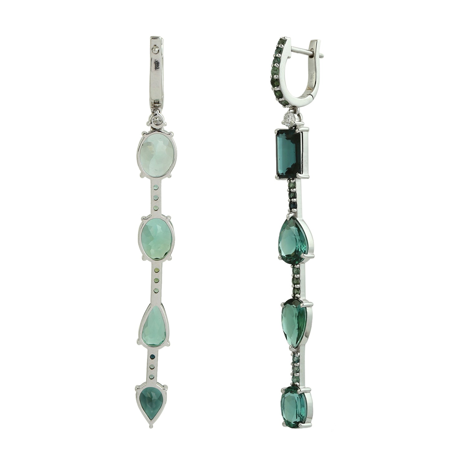 Mix Shape Green Tourmaline Pave Diamond 18K White Gold Huggie Earrings | Elegant Dangle Earrings for Women | Perfect for Weddings, Parties & Date Nights
