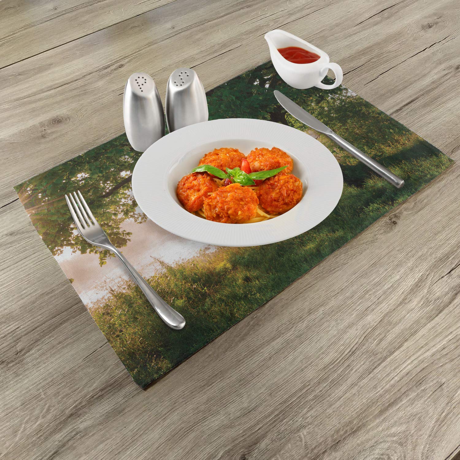 Ambesonne Tree Place Mats Set of 4 - Mystical Forest Landscape with Fog and Stream Design, Washable Fabric Table Mats for Dining Room & Kitchen Decor in Brown & Green | Perfect for Fall Decor, Thanksgiving Dinner, and Rustic Home Decor