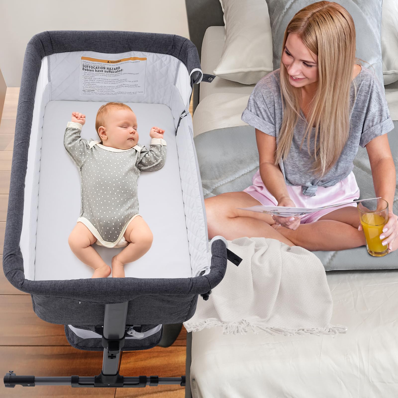 3 in 1 Baby Crib Bedside Sleeper, Adjustable Portable Bassinet for Newborn & Infant - Deep Grey | Perfect for Co-Sleeping, Nursery & Travel