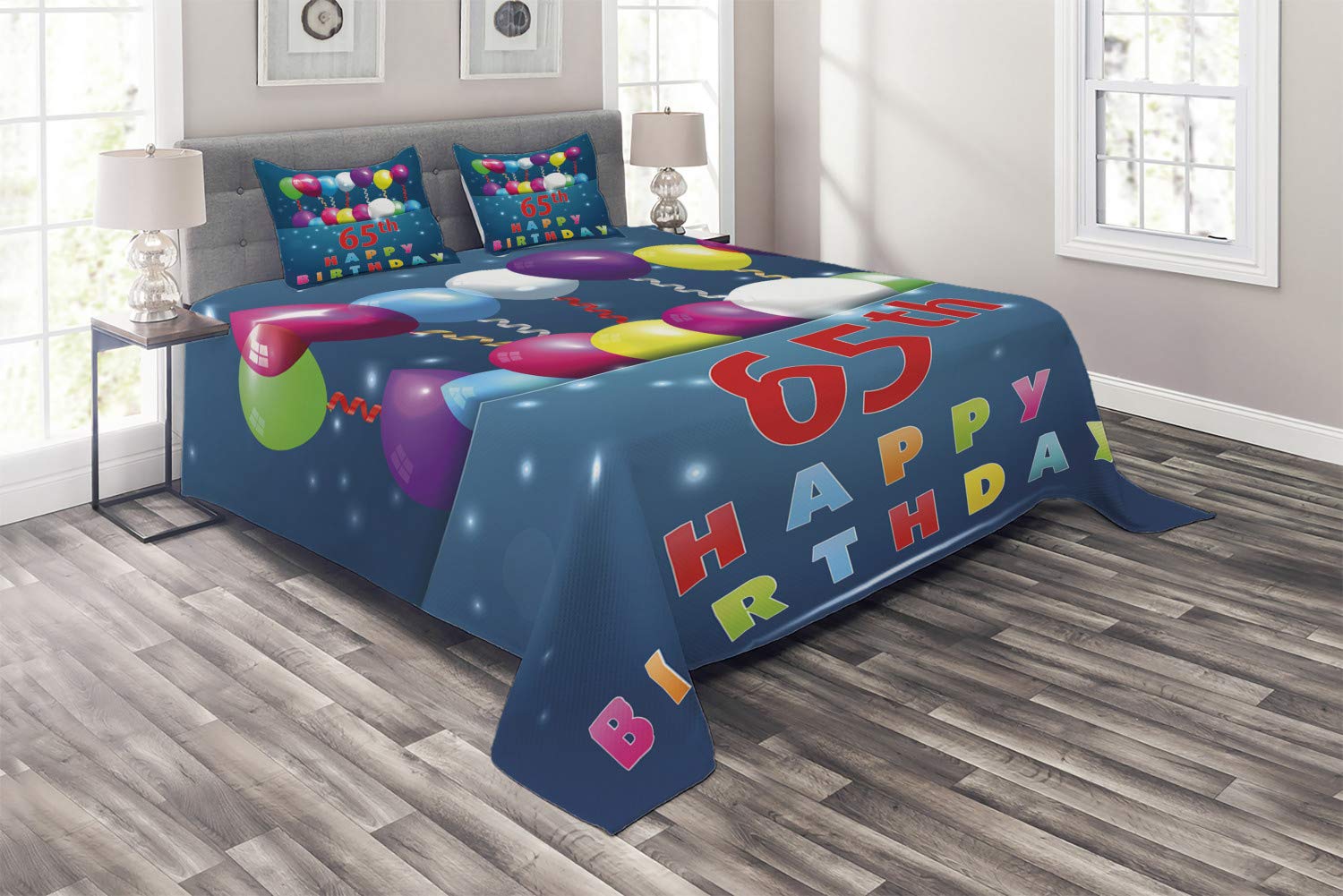 Ambesonne 65th Birthday Bedspread Set - Colorful Balloon Design King Size Quilted Coverlet with 2 Pillow Shams for 65th Anniversary Celebration - Perfect for Guest Room Decor, Special Occasion Gift & Retirement Party Decoration