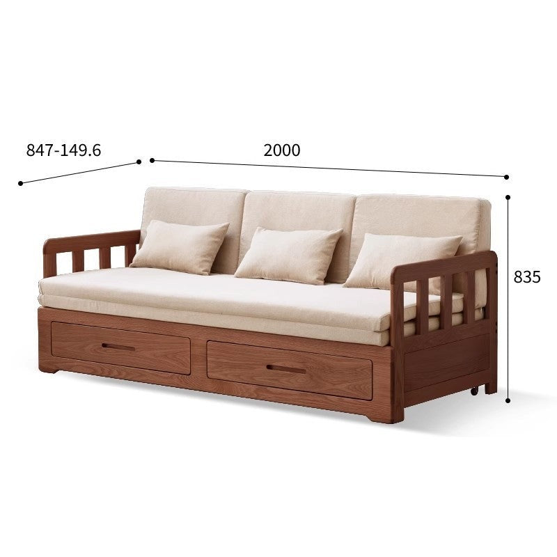 Solid Oak Wood Sofa Bed with Folding & Retractable Storage | Convertible Sleeper for Small Spaces, Guest Rooms & Apartments