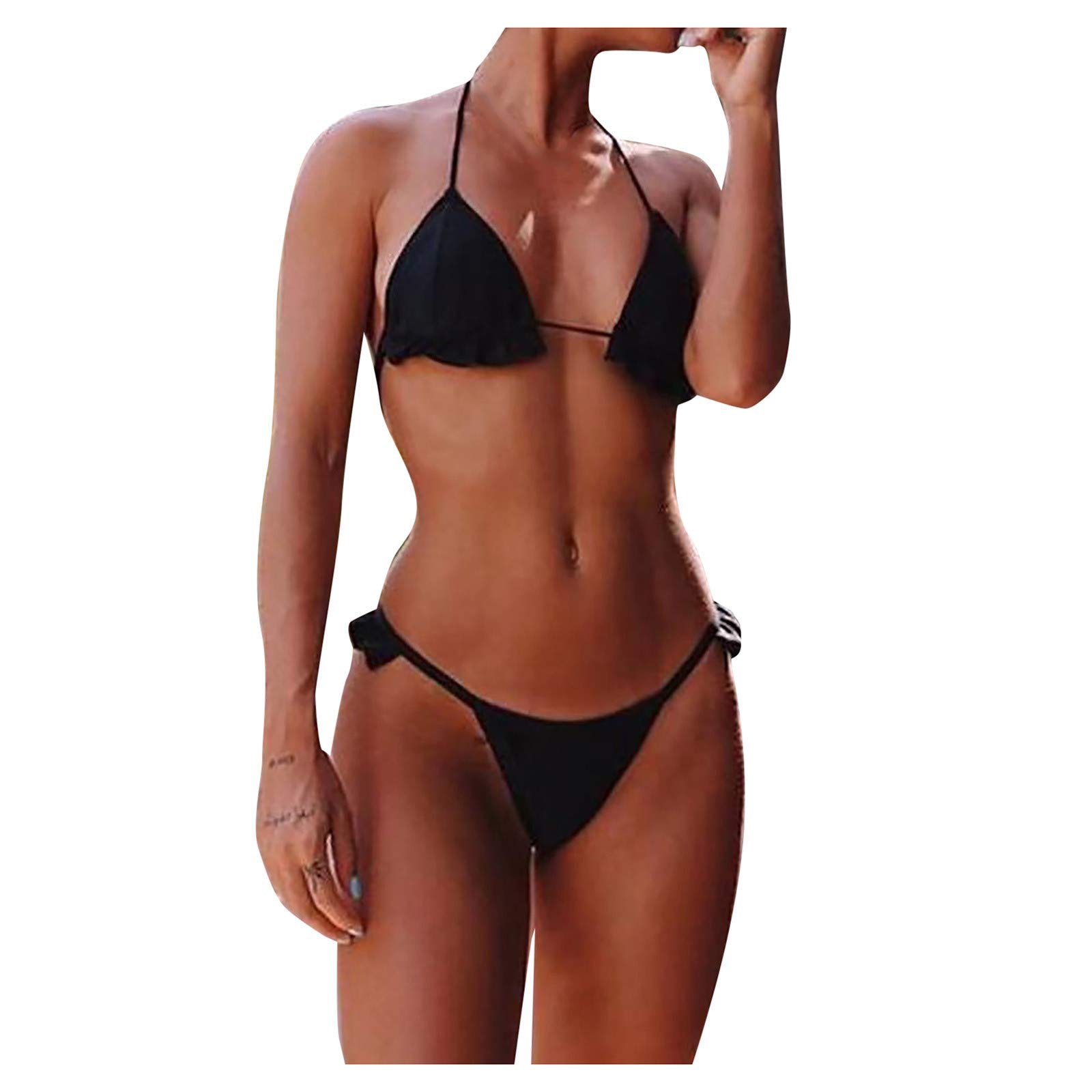 CAIfnv Women's Sexy High Waist Bikini Set - Classic Solid Color Ruffled Swimsuit with High Split Design | Perfect for Beach Vacation, Pool Party & Summer Getaways