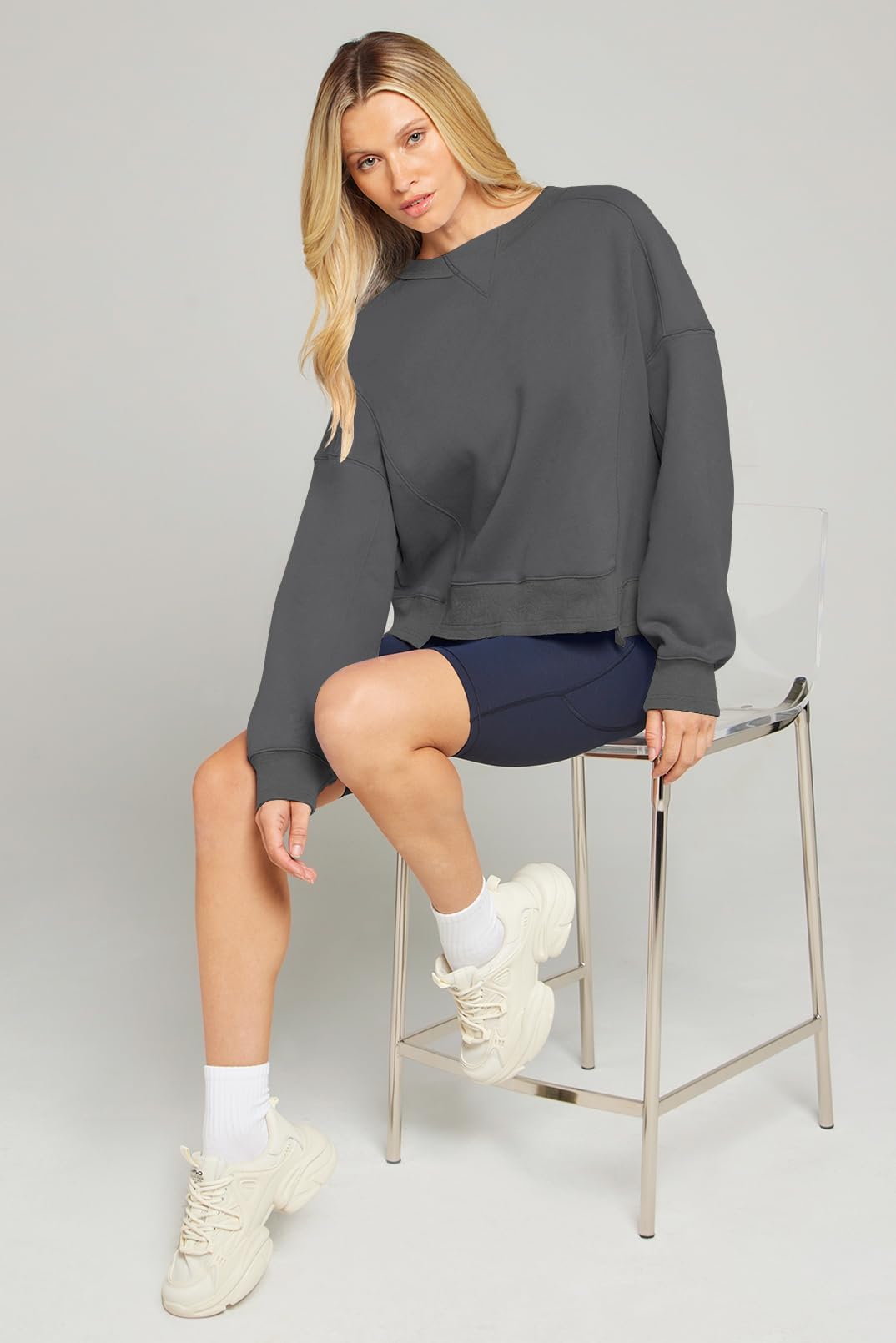 MEROKEETY Women's Oversized Cropped Sweatshirt - Fleece Crewneck Pullover for Workout & Fall Fashion | Casual Loungewear, Gym Essentials & Streetwear Outfits