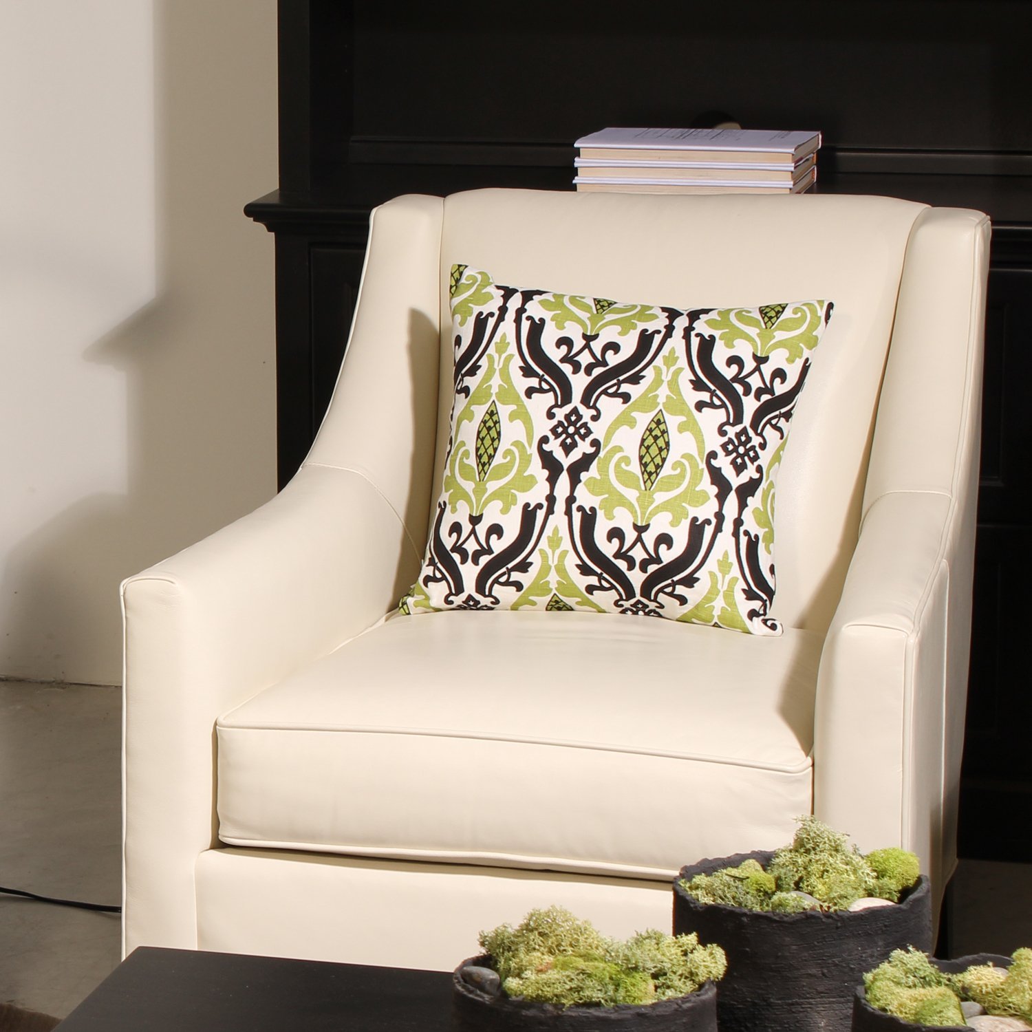 Linen Damask Print Green & Black 16x16 Throw Pillow - Decorative Cushion for Sofa, Bed & Home Décor